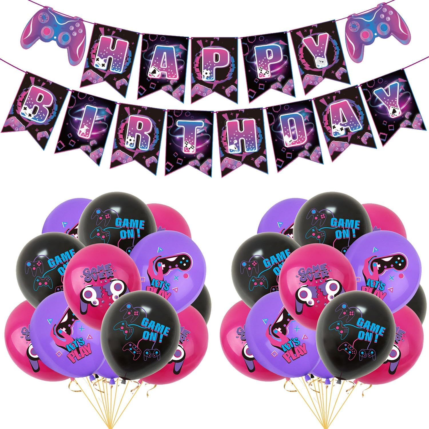 37Pcs Video Game Party Decoration Set, Video Game Themed Birthday Party Decorations, Includes Banner Balloons Cake Toppers image number 1