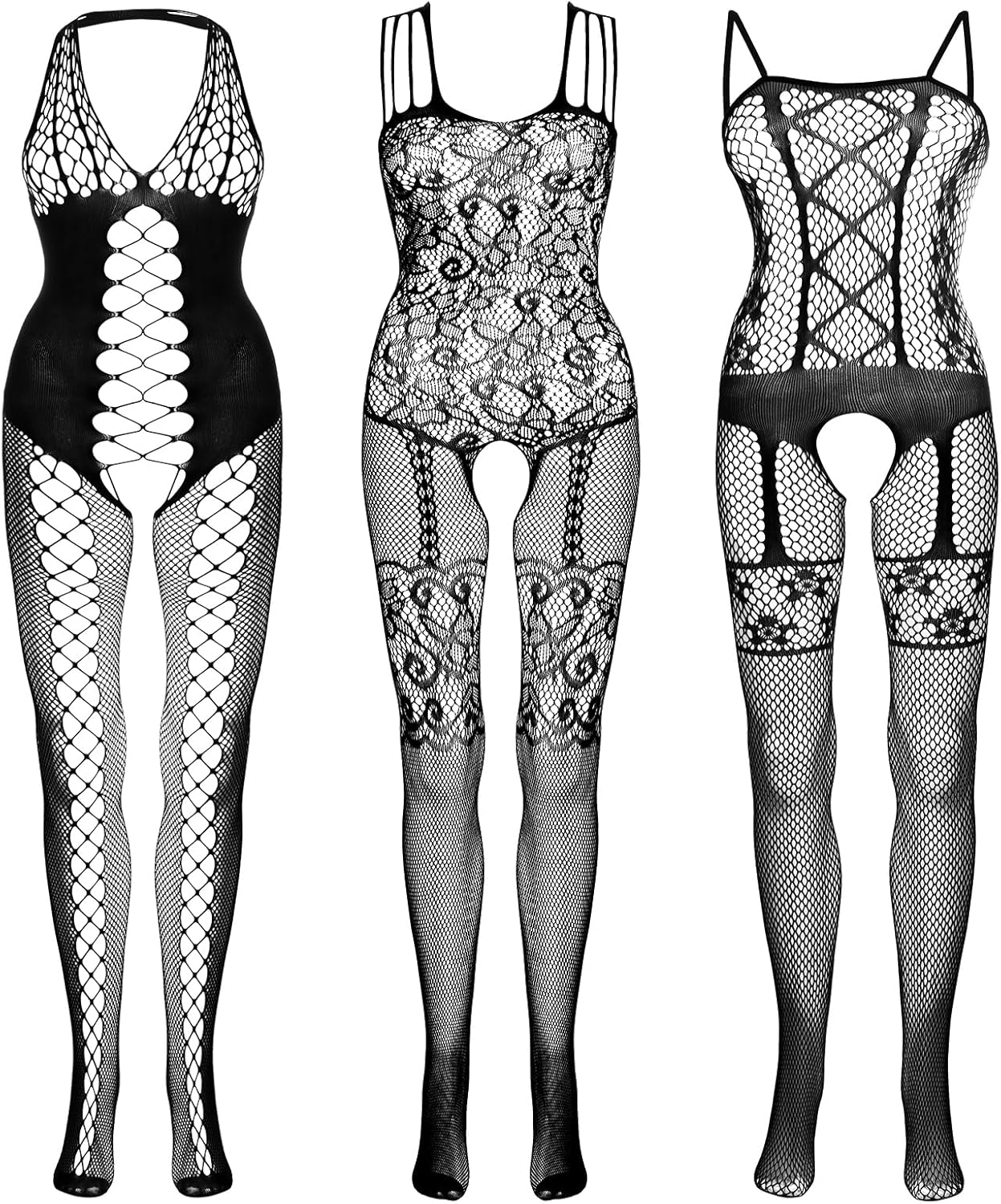 Fengek 3 Packs Women Fishnet Bodysuits, Stockings Lace Sleepwear Lingerie for Couple Dating Nightwear, Black, Black image number 3