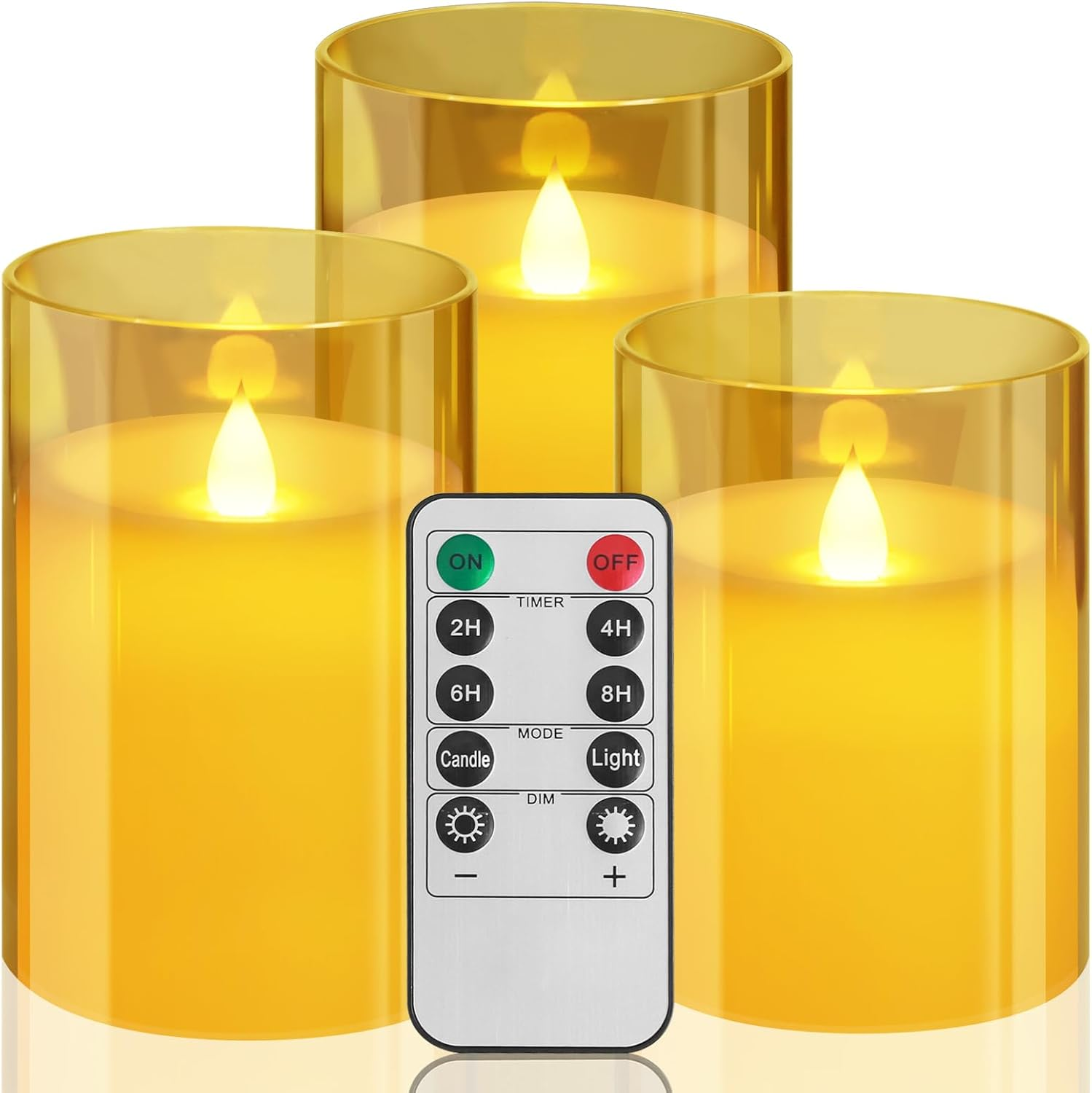 Neween Flickering Flameless Candles Set of 3, 3D Moving Wick Acrylic Battery Operated LED Pillar Candles with Remote and Timer for Christmas Halloween Valentine Party Decor (Clear, D3 H4 5" 6")