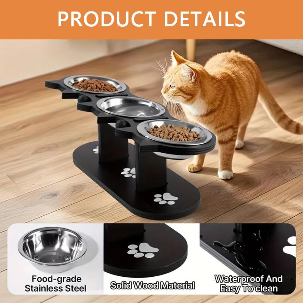 Elevated Cat Bowls with Stand &ndash; 15&deg; Tilted Raised Cat Food and Water Bowls for Indoor Cats & Small Pets, Adjustable Height Bamboo Shelf with Non-Slip Base image number 2