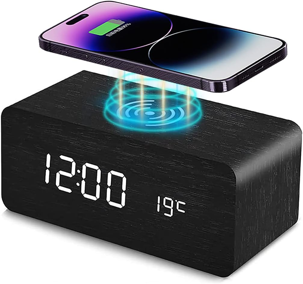 Wooden Digital Alarm Clock with Wireless Charging, 3 Alarms LED Display, Sound Control and Snooze Dual，Adjustable Brightness, Time Temperature (Black)