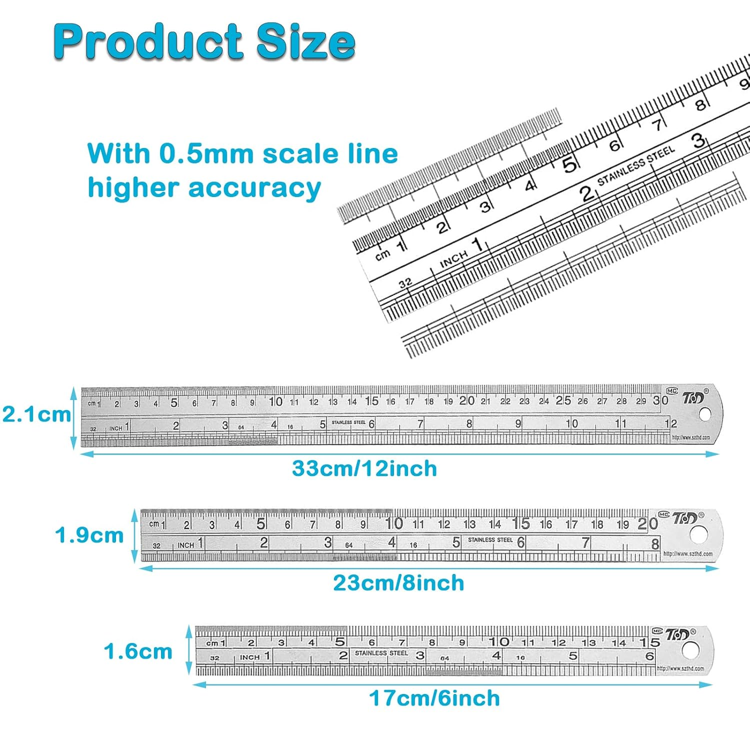 YUENTOEN 3Pcs Metal Ruler, 6 Inch, 8 Inch and 12 Inch Stainless Steel Ruler Double Side Straight Edge Metal Rulers for Home School Office Daily Use image number 5