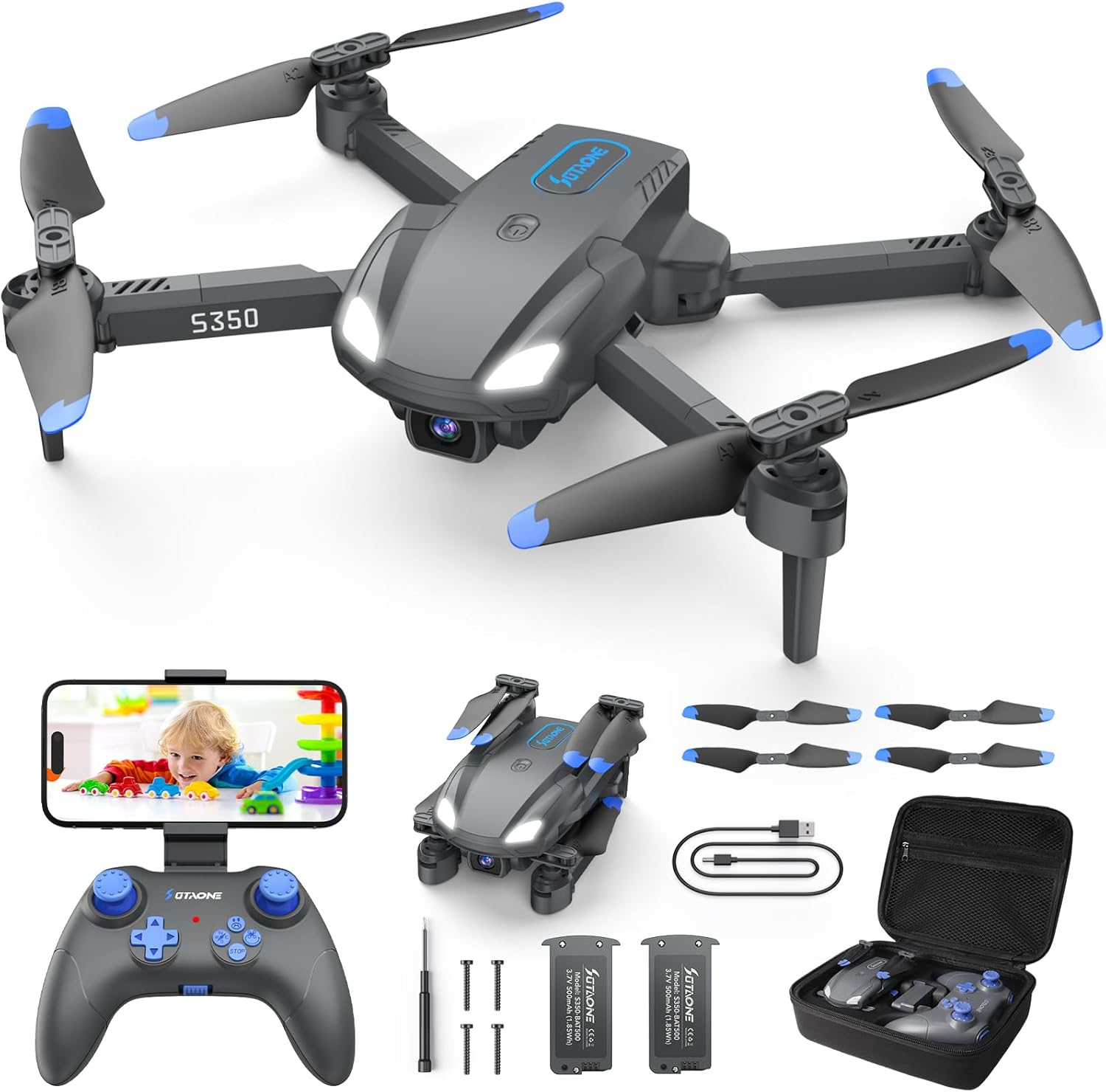 SOTAONE S350 Drone with Camera for Adults, Mini Drones for Kids with 1080P HD FPV Live Video, Remote Control Helicopter Toys Gifts for Boys Girls, Altitude Hold, One Key Start, 3D Flips, 2 Batteries