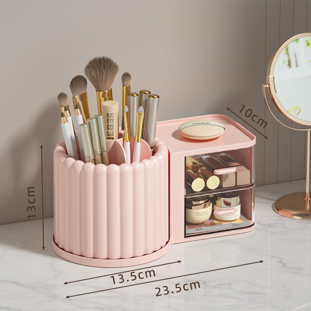 STORICANS 360 Rotating Makeup Brush Holder 7 Slots Makeup Brush Organiser with Drawer Removable Spinning Cosmetic Storage Pen Holder for Vanity, Dresser, Desk,Pink image number 4