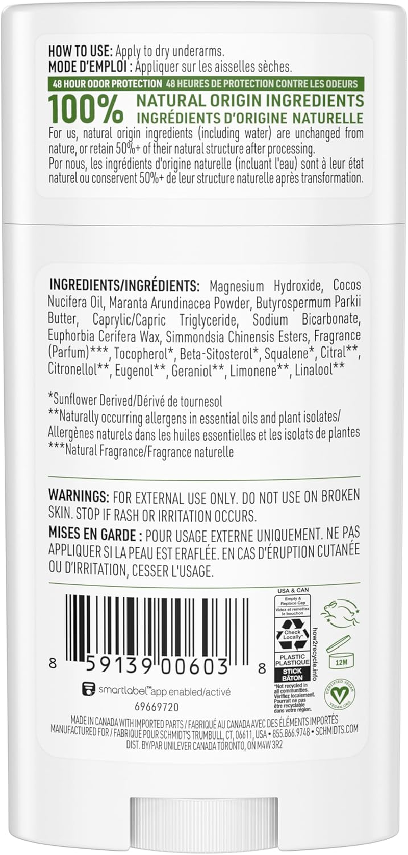 Schmidt'S Aluminum-Free Vegan Deodorant Bergamot & Lime 4 Count for Women and Men, with 24 Hour Odor Protection, Natural Ingredients, Cruelty-Free, 2.65 Oz image number 6