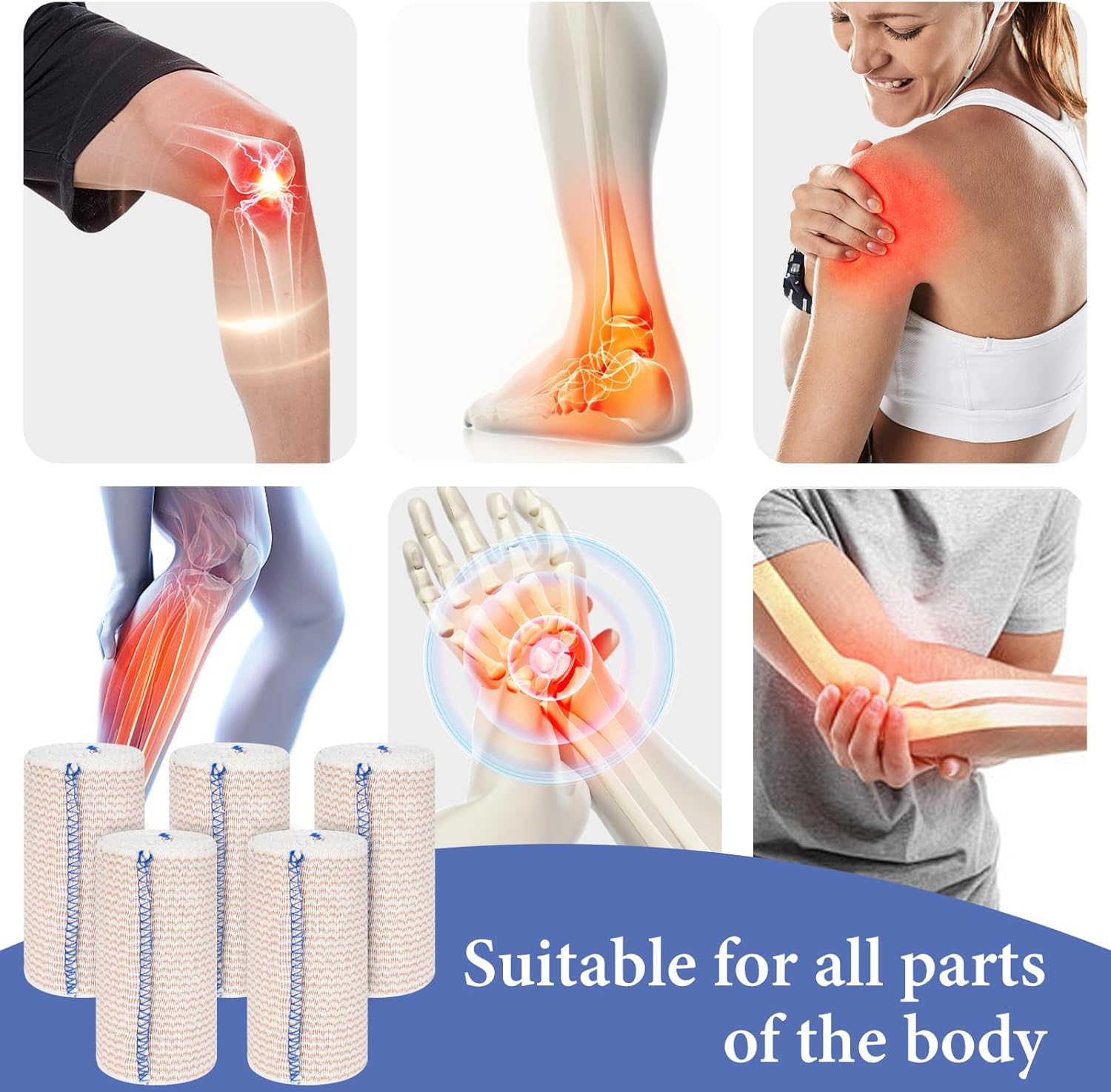 5 Pack Elastic Compression Bandage Wrap 10Cm*4.5M Elastic Bandage Wrap Reusable, Elastic Tubular Bandage for Knee, Premium Elastic Bandage Wrap with Self-Closures, Elasticated Bandage Wrap, Washable image number 6