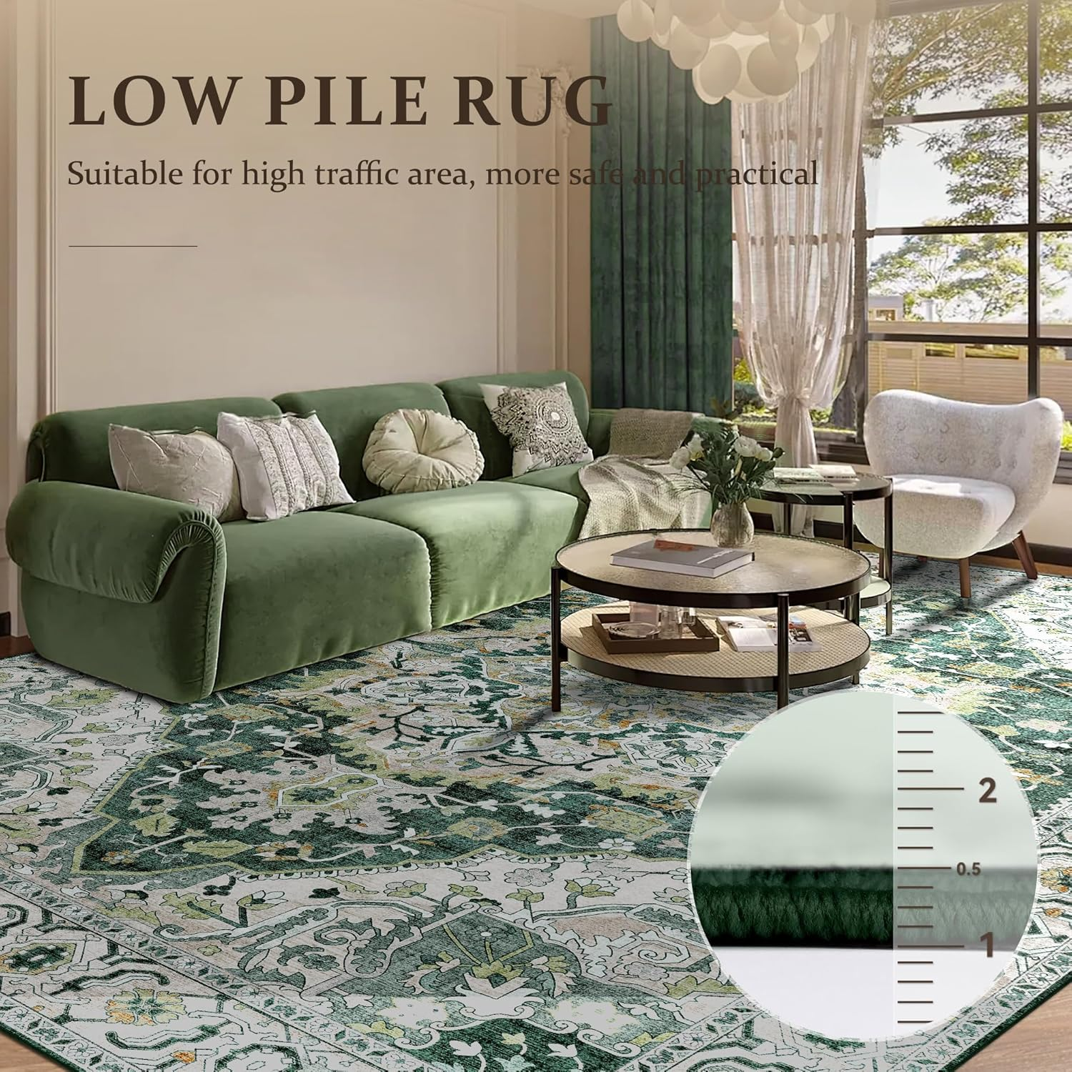 Youzi Vintage Area Rugs 200X300 for Livingroom, Machine Washable Rug with Anti-Slip Botton Shortpile Carpet Large Soft Rugs for Bedroom Kitchen Floor Living Room Indoor Home Decor(200X300Cm,Green)