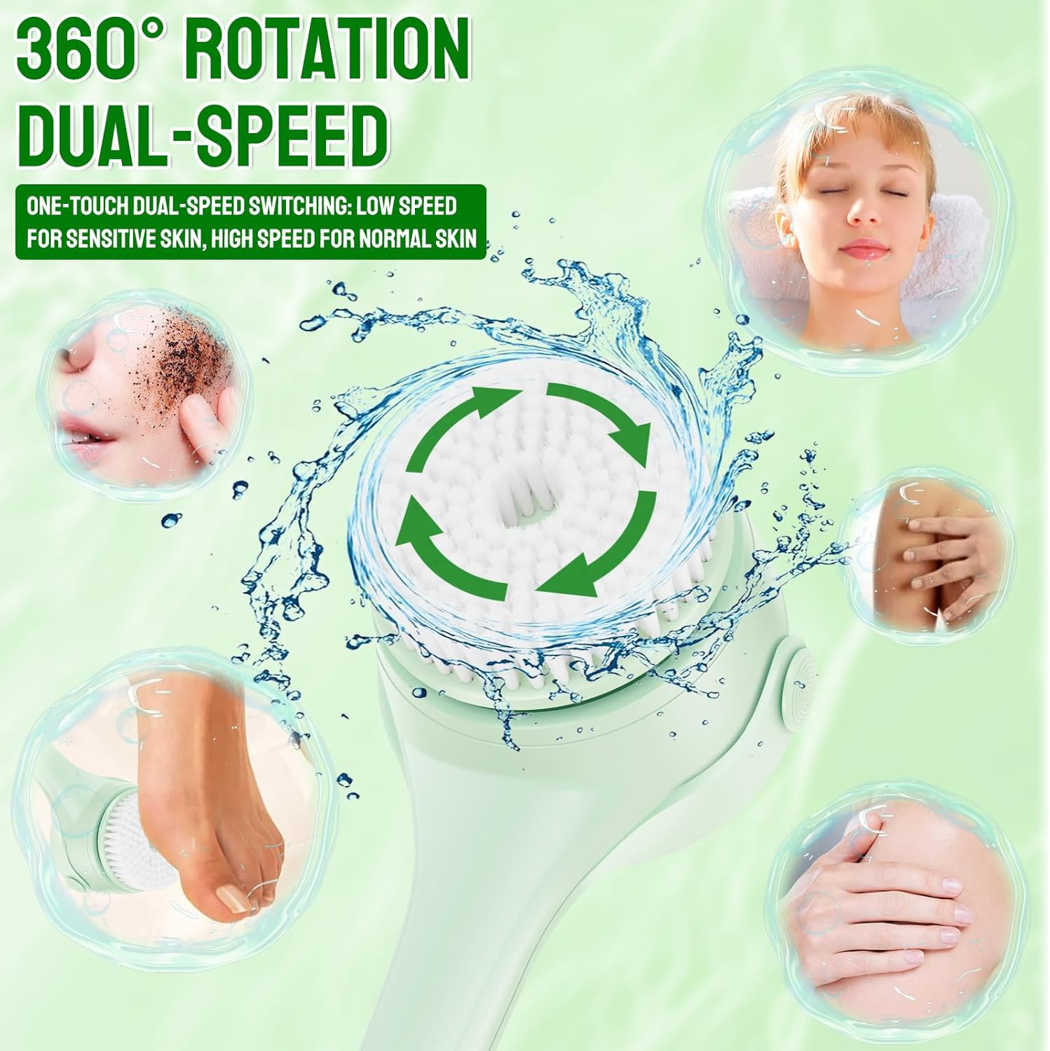 Electric Body Scrubber for Shower, 2 Handles & 4 Detachable Heads, IPX7 Waterproof, Rechargeable Deep Cleansing Body Brush, Electric Back Scrubber for All Skin Types (Green) - Green image number 5