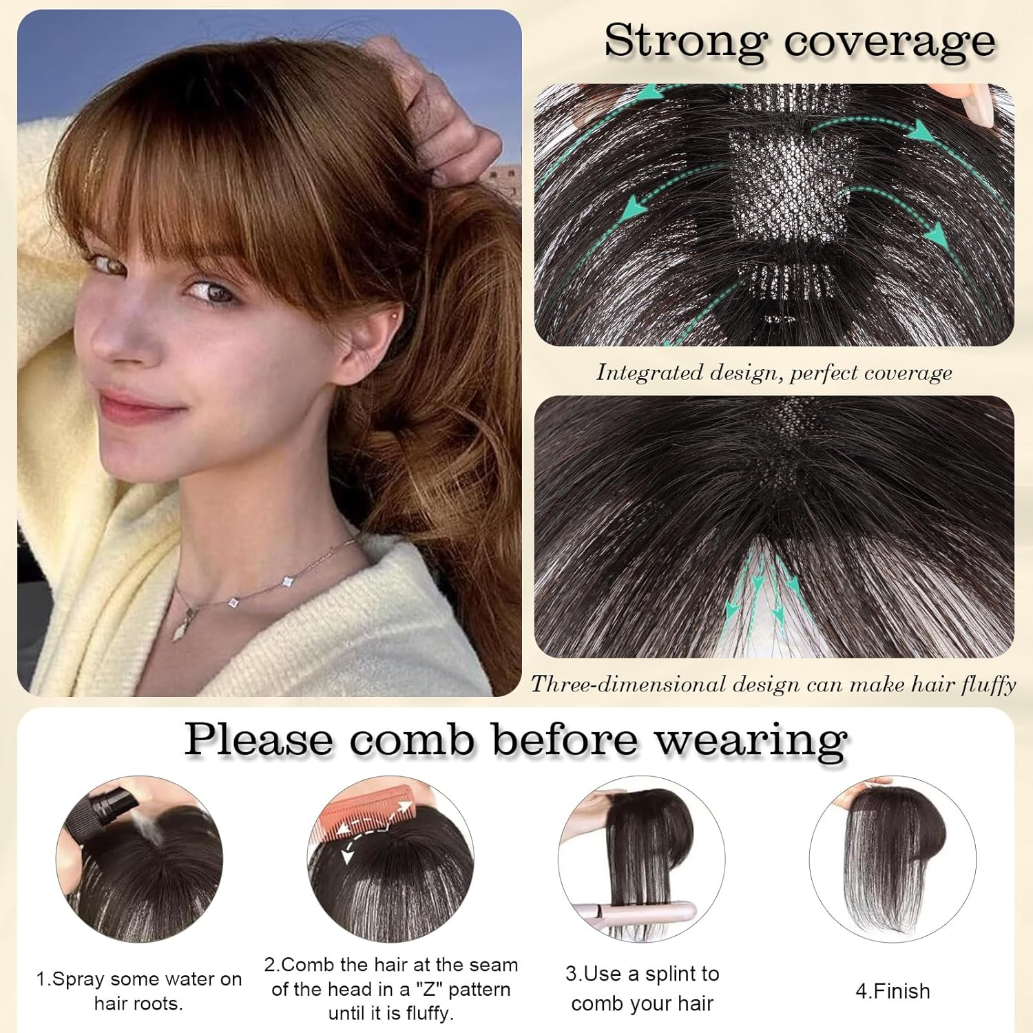 Clip-In Fringe Real Hair Piece with Clip, 360&deg; Coverage, Bangs Clip In, Hair Pieces for Thin Hair, Real Hair Fringe for Women, Mocha Brown