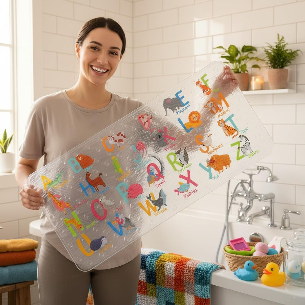 BEEHOMEE Bath Mats for Tub Kids - Large Cartoon Non-Slip Bathroom Bathtub Kid Mat for Baby Toddler Anti-Slip Shower Mats for Floor 35X16,Machine Washable XL Size Bathroom Mats (Alphabet) image number 4