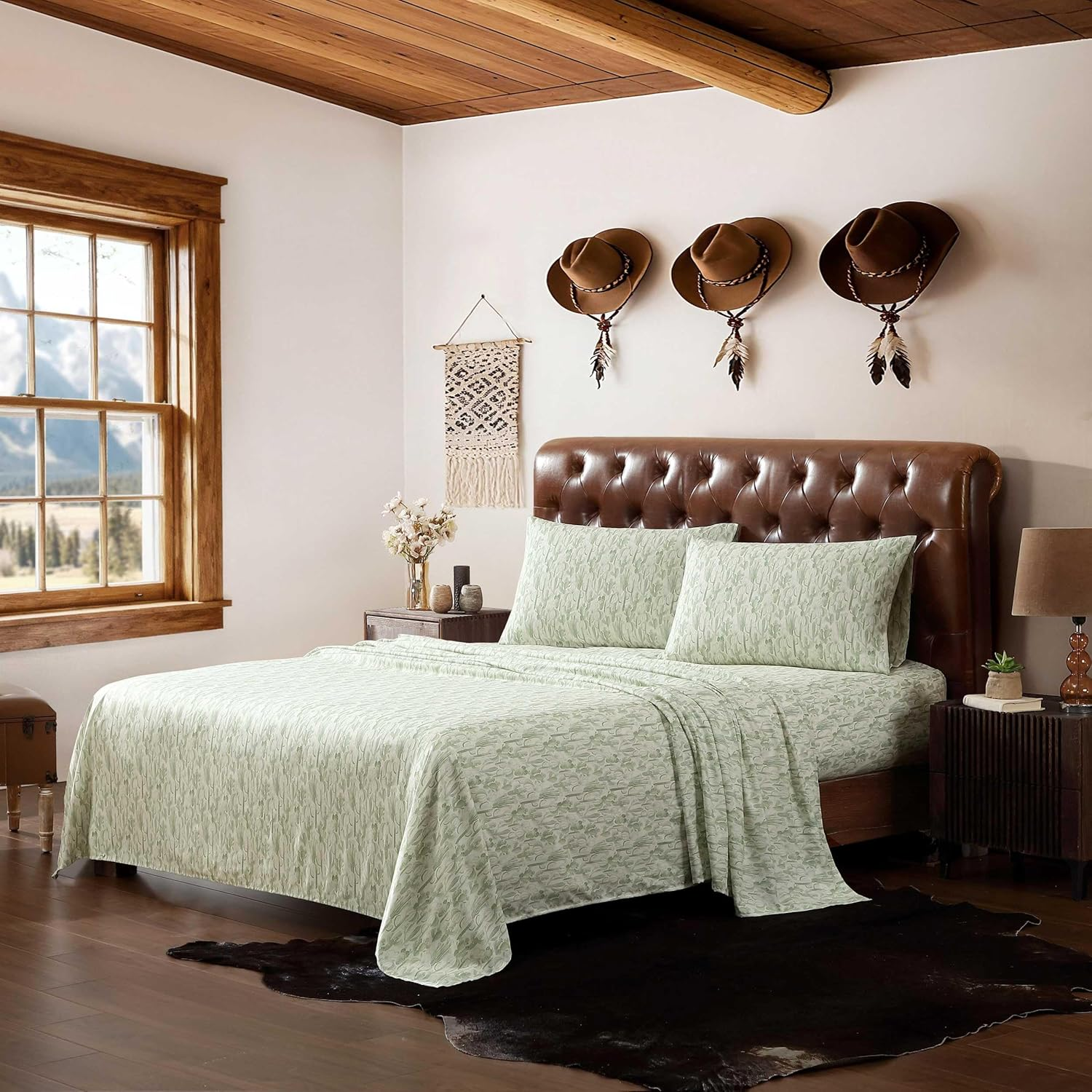 Wrangler - Twin Sheet Set, Silky & Lightweight Bedding Set, Paisley Home Decor, Oeko-Tex Certified (Prairieland Paisley Blue, Twin) - King, Watercolor Cactus Green