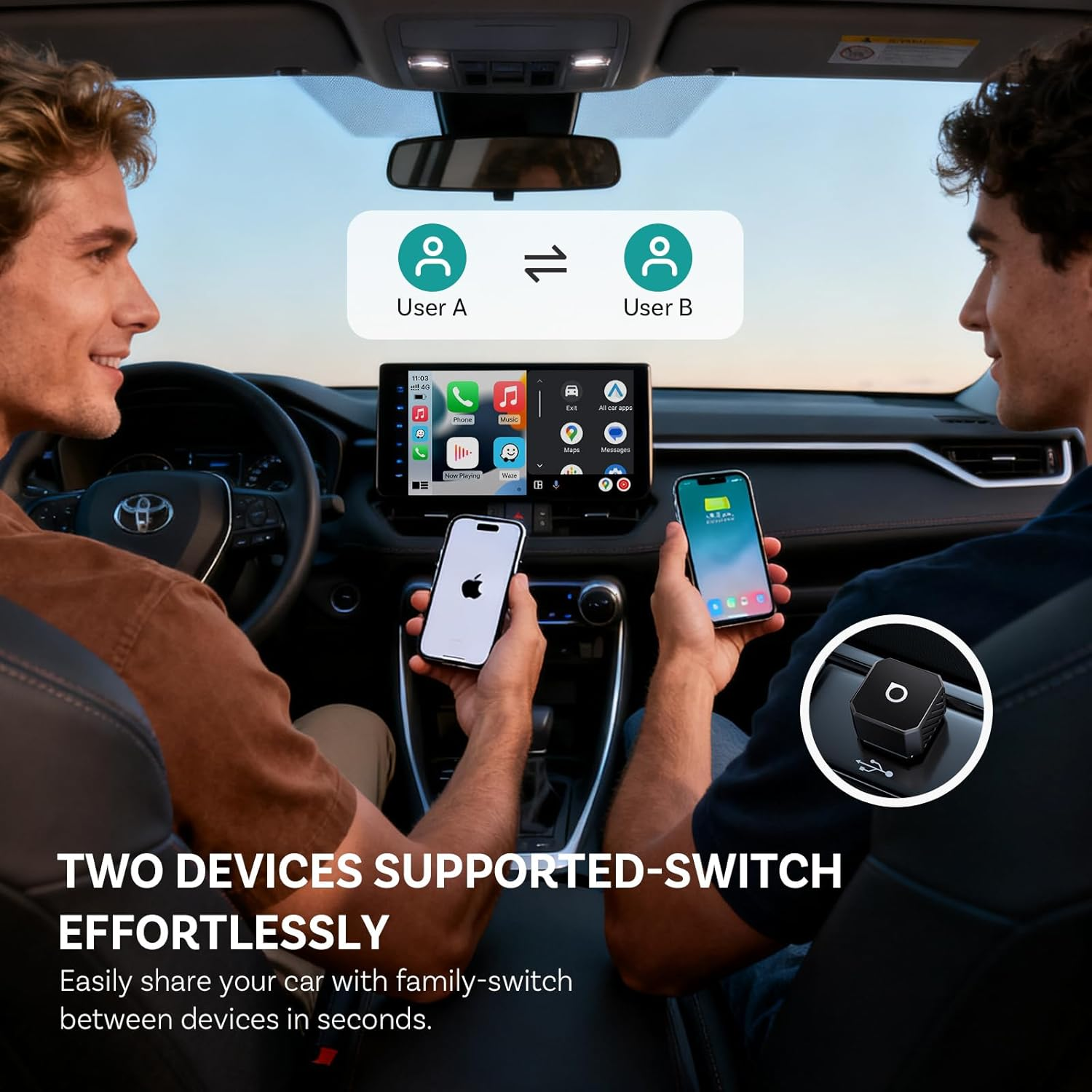 OTTOCAST Mini Pot 2025 2-In-1 Wireless Carplay/Android Auto Adapter, 5Ghz Wifi, Auto Connect for 2016+ Cars image number 2