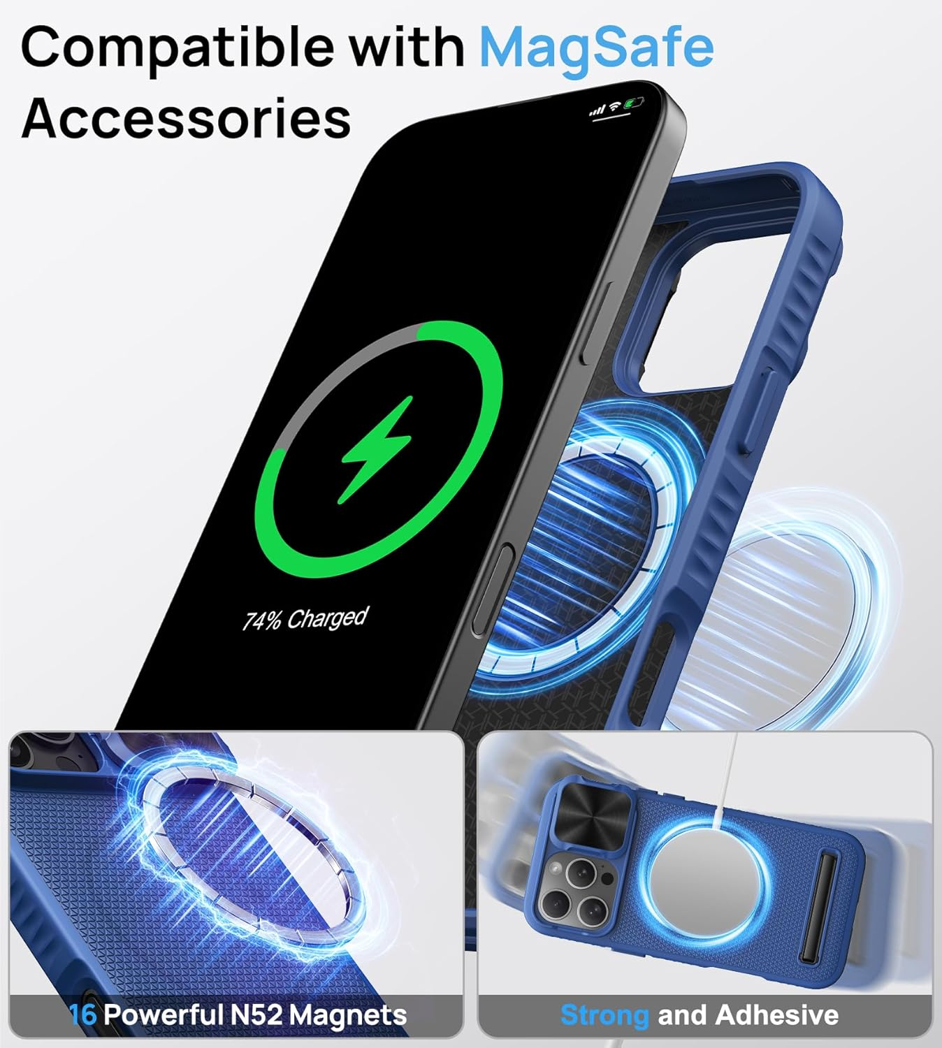 For Iphone 16 Pro Case with Stand, Slide Camera Cover, Compatible with Magsafe, Military-Grade Protection, Slim Rugged Shockproof Silicone Men Women Magnetic Phone Case for Iphone 16 Pro, Blue - Blue image number 2