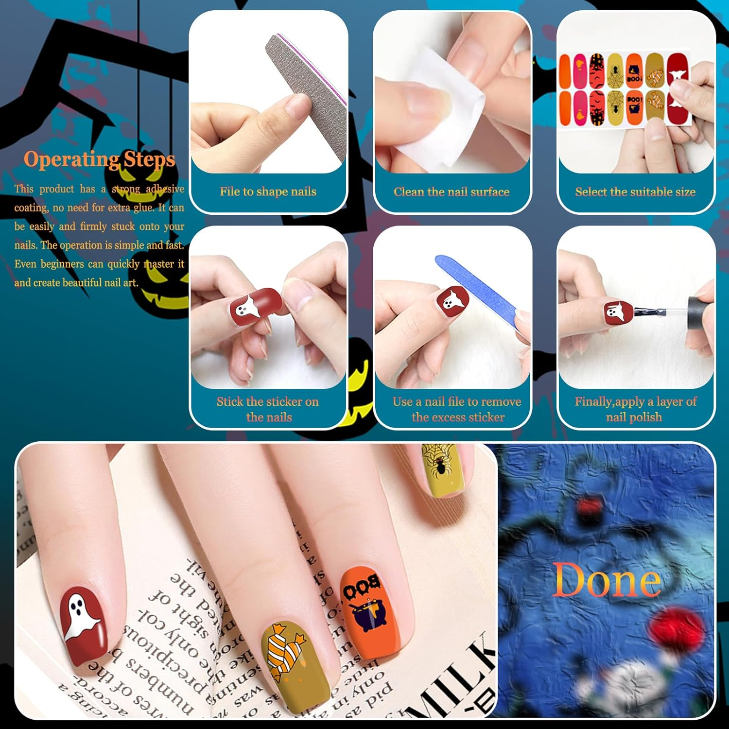 XEAOHESY 30 Sheets Halloween Nail Stickers with Nail File Halloween Nails Tape Strips for Design Halloween Nail Decals Press on Nail Polish Strips Stickers for Women Halloween Nail Art image number 6
