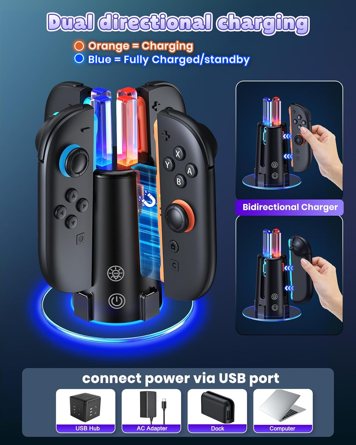 [Switch 2/1 Both] Controller Charger Dock Station, 8 in 1 Dual-Direction Magnetic Vertical Charging Stand for Joycon 2 Witch Transparent Acrylic Display Base & LED Indicators for Nintendo Switch 2/1 image number 5