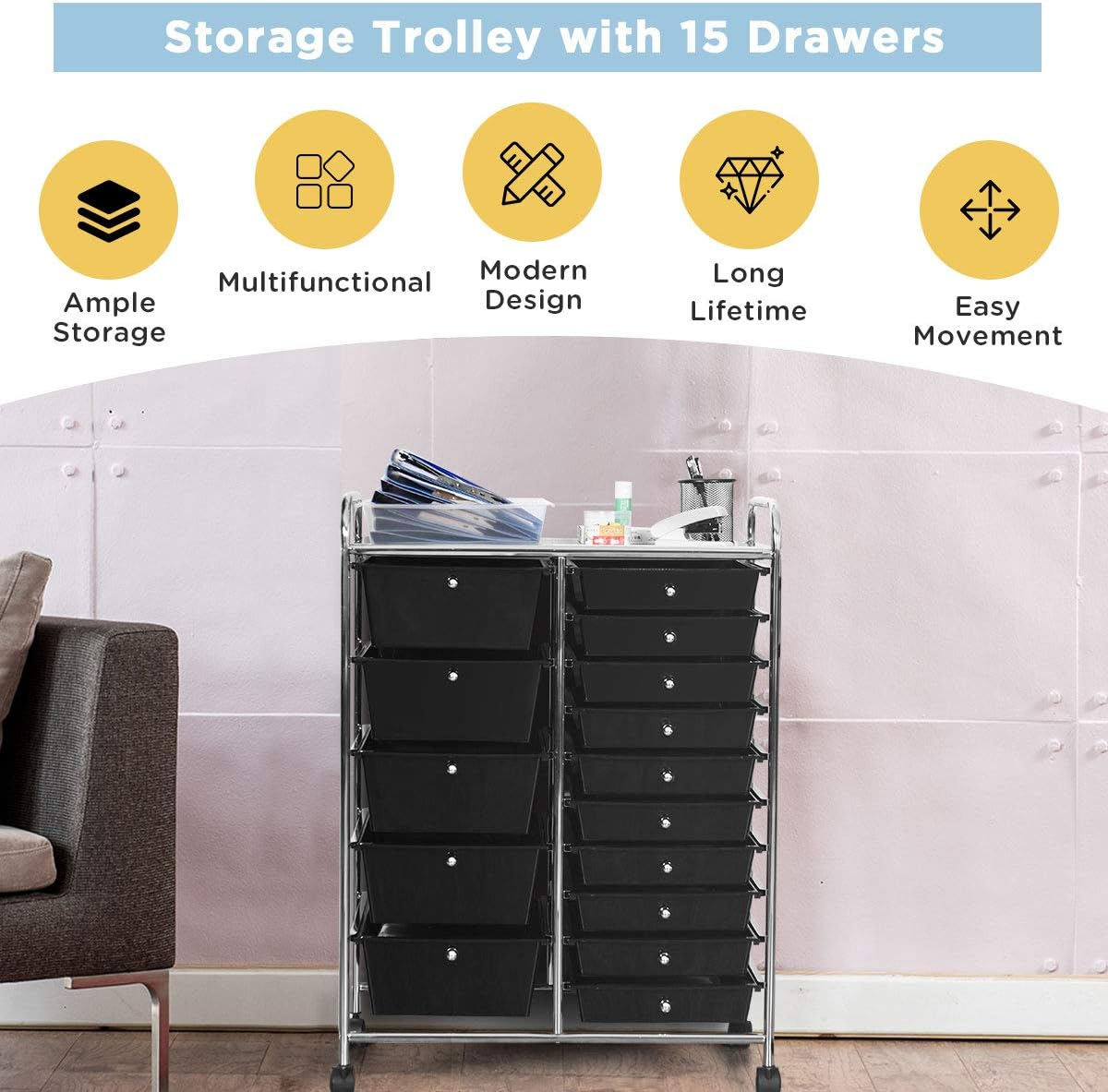 Costway 15-Drawer Rolling Storage Cart, Mobile & Lightweight File Cabinet Trolley Rack, Black, Metal & Plastic, Ideal for Home, Office, School, Kitchen, Beauty Salon image number 4