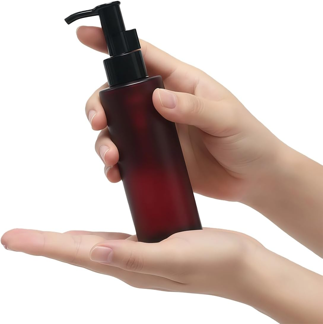 2Pcs 100Ml/3.4Oz Empty Amber Frosted Glass Lotion Pump Bottle Soap Dispensers Refillable Cosmetic Containers Jars with Black Pump Top for Lotion Essential Oil Emulsion Shampoo image number 3
