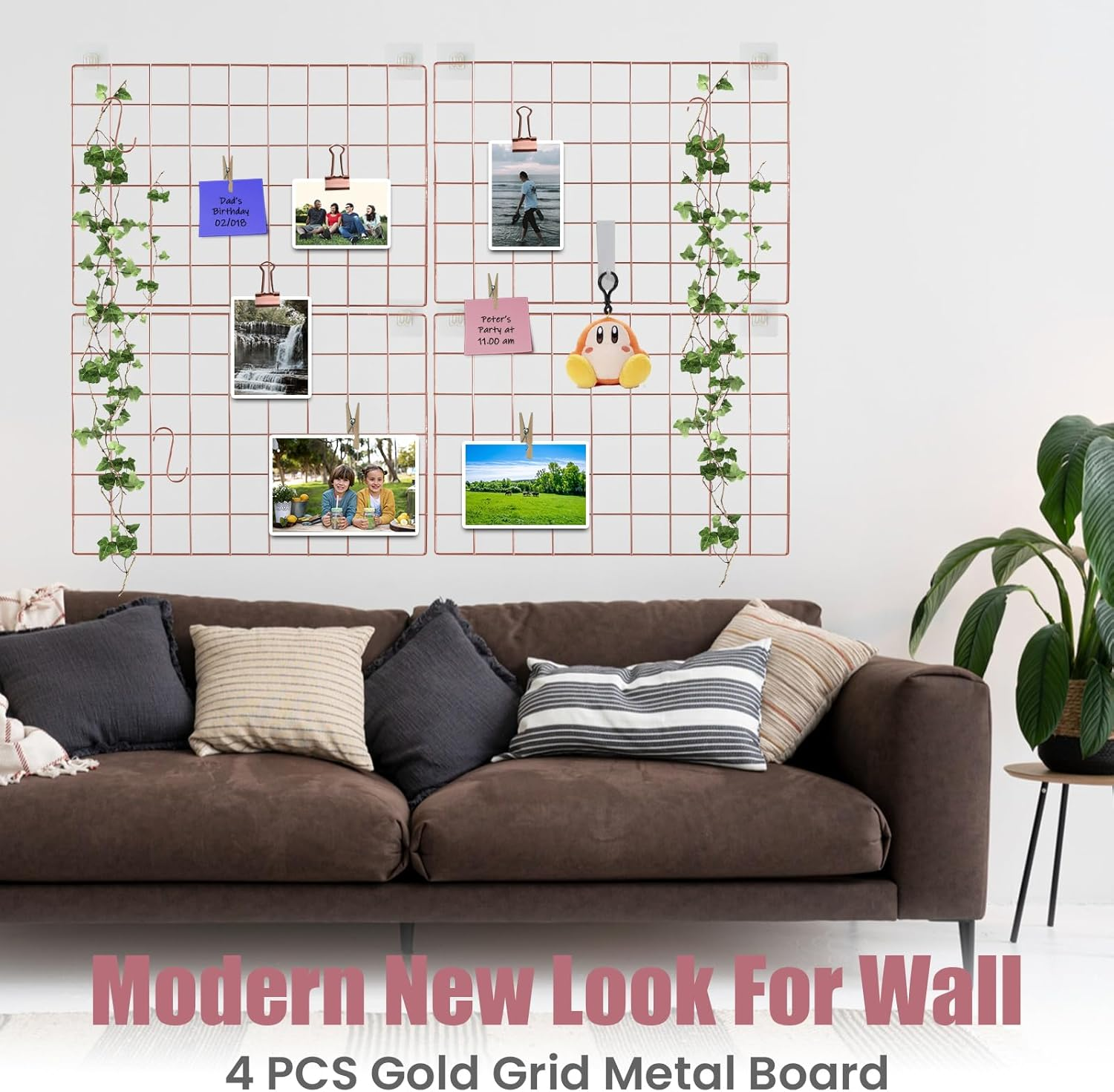 Metal Grid Wall Panel, Photo Display Organizer, 17.3"&times;11.8" Rose Gold Wire Board, Picture Frame, 4-Pack Mesh Memo Board with Clips and Hooks image number 5