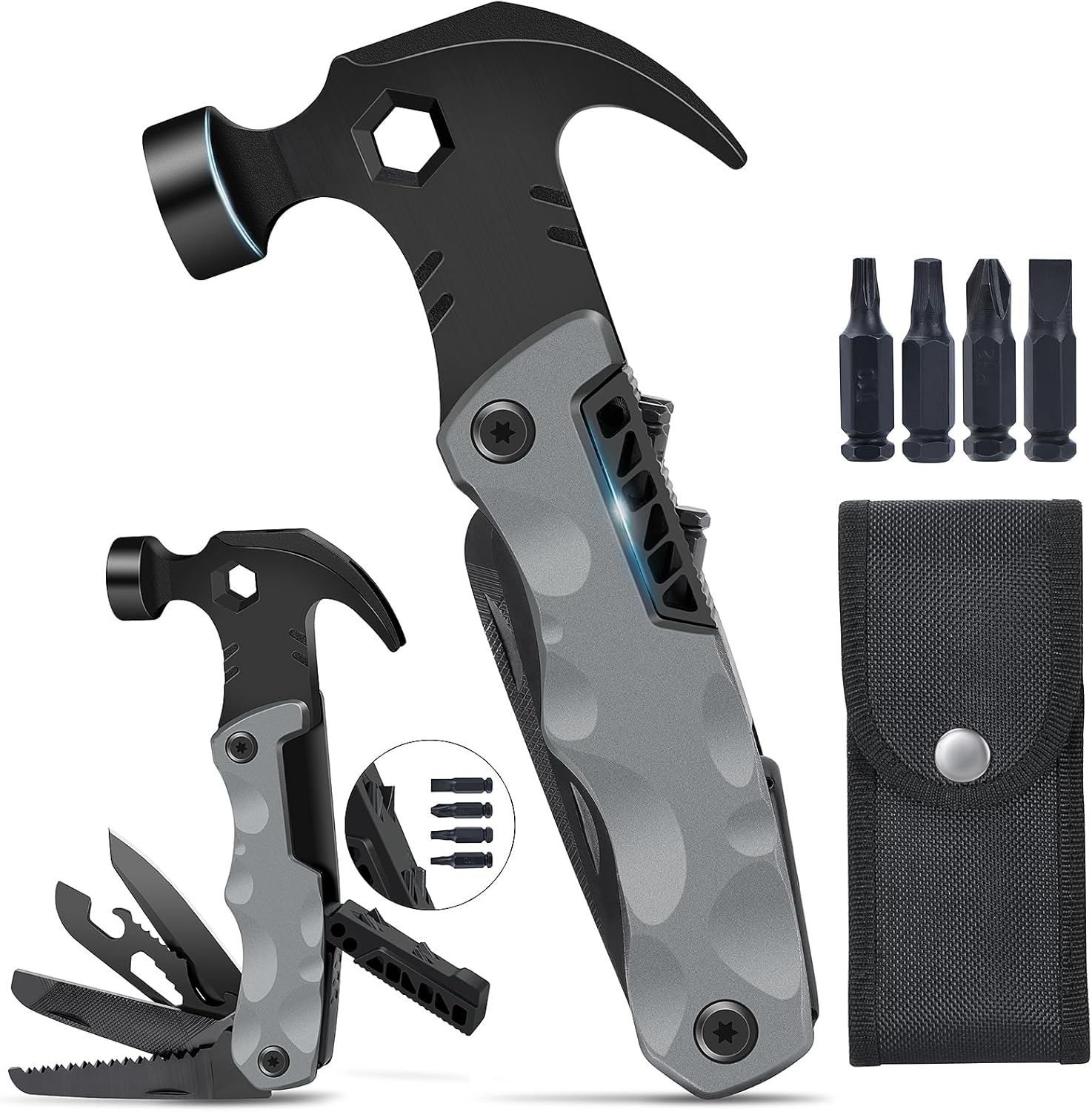 13-In-1 Multitool Gifts for Men - Cool Unique Gadgets Gifts Stocking Stuffers for Men Him Dad Husband - Camping Accessories for Outdoor, DIY, Repair, Gardening (Gray Hammer) image number 1