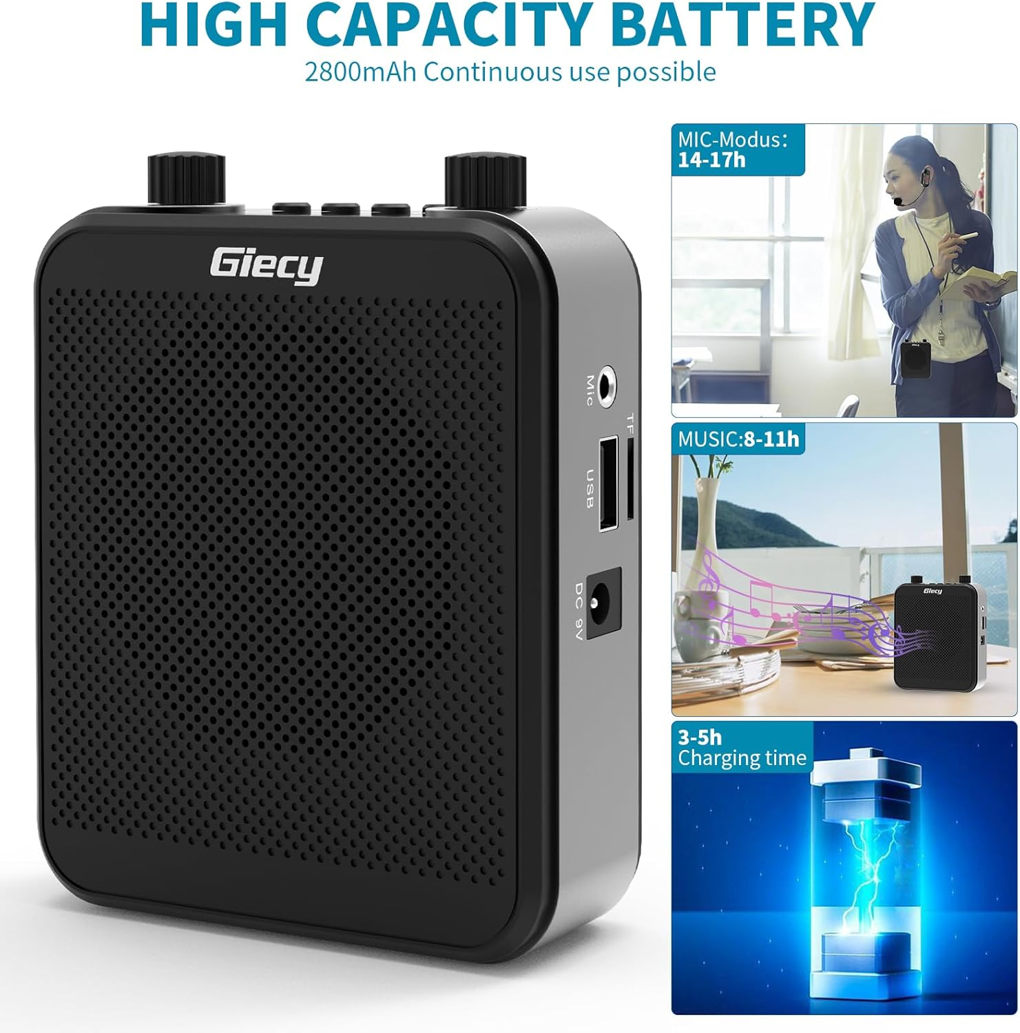 Giecy Voice Amplifier with Wireless Microphone, 2800Mah Personal Amplifiers Portable Bluetooth Megaphone Speaker Teacher Microphone for Tour Guides, Coaches, Meeting image number 4