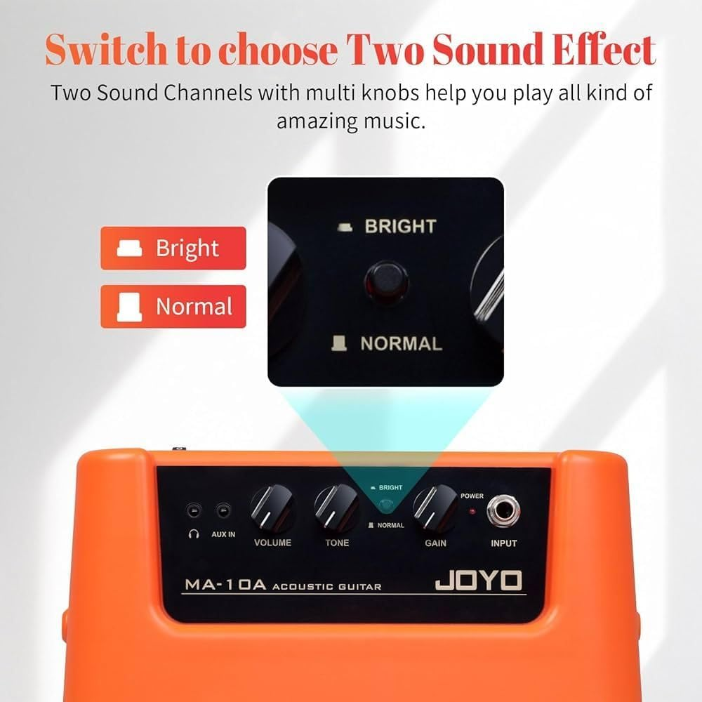 JOYO MA-10A Mini Portable Acoustic Guitar Amplifier Speaker Switchable Normal/Bright Dual Channel 10W Amp, Orange image number 3