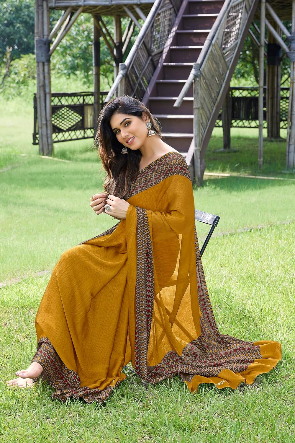 MIRCHI FASHION Women'S Stylish Chiffon Contrast Border-Pallu Printed Saree with Blouse Piece - Grey, Coffee image number 5