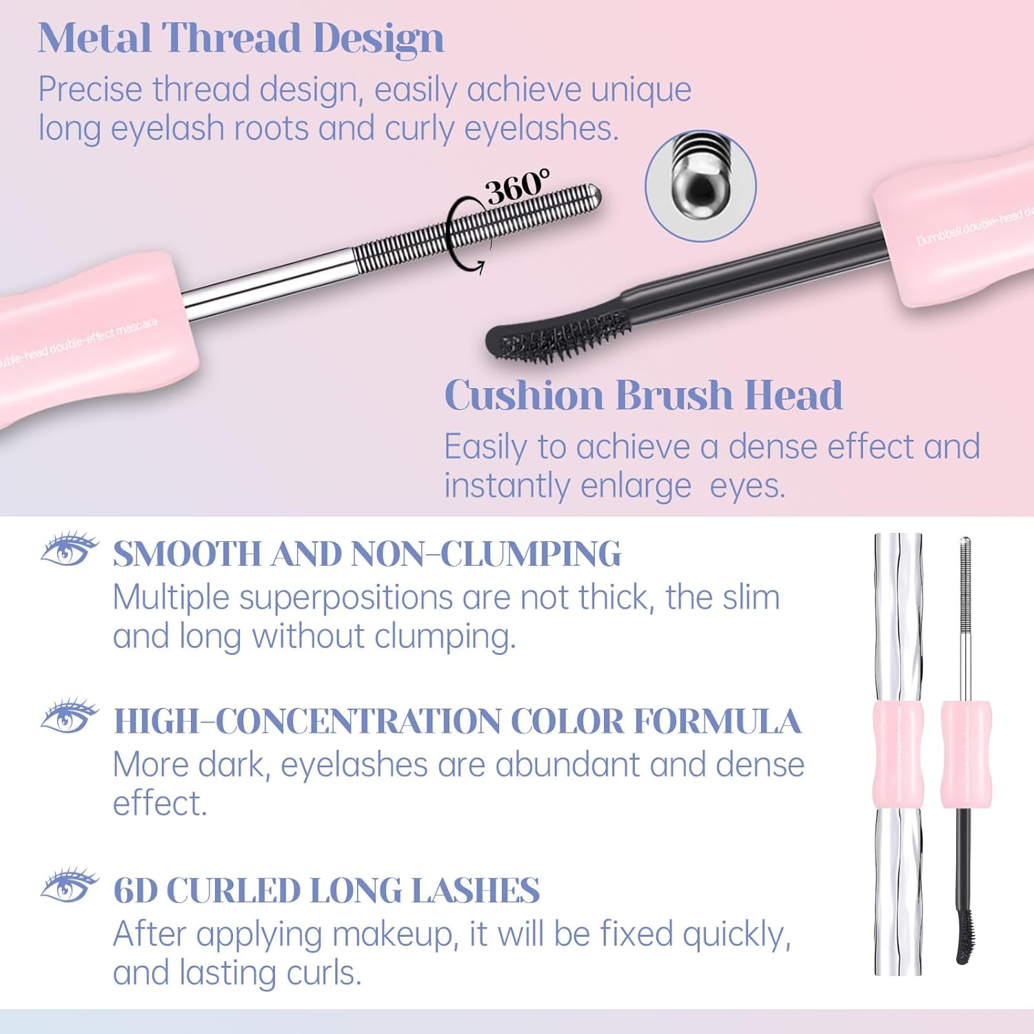 DAGEDA Double-End Metal Mascara, Iron Wand Mascara Waterproof, 3D Curling Eyelash Mascaras Brushless Brush Washable, Smudge Proof, Non-Clumping, Long Eyelashes Iron Eye Makeup, Black - Black image number 3