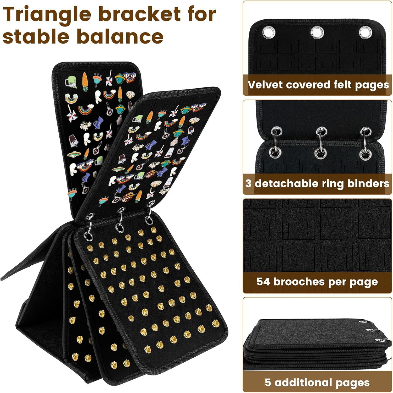 Pin Display Holder, Large Capacity Felt Brooch Display Binder, Foldable Enamel Pin Collection Storage Organizer, with 3 Binders 5 Pages for Store 270 Pins,Travel Brooches, Sports Medals, Paper Clips image number 6