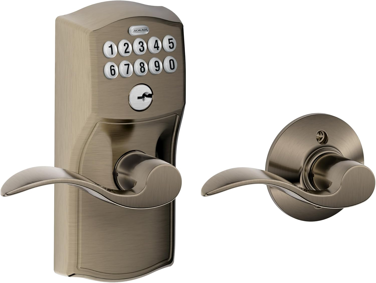 Schlage FE575 CAM 619 Acc Camelot Keypad Entry with Auto-Lock and Accent Levers, Satin Nickel image number 4