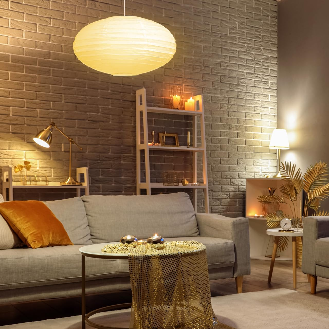 Oval, 2Pcs Foldable Paper Lamp Shades round Hanging Paper Lamp Replacement Japanese Pendant Lampshade for Living Room Bedroom, 15.7 X 8.7 Inches image number 6