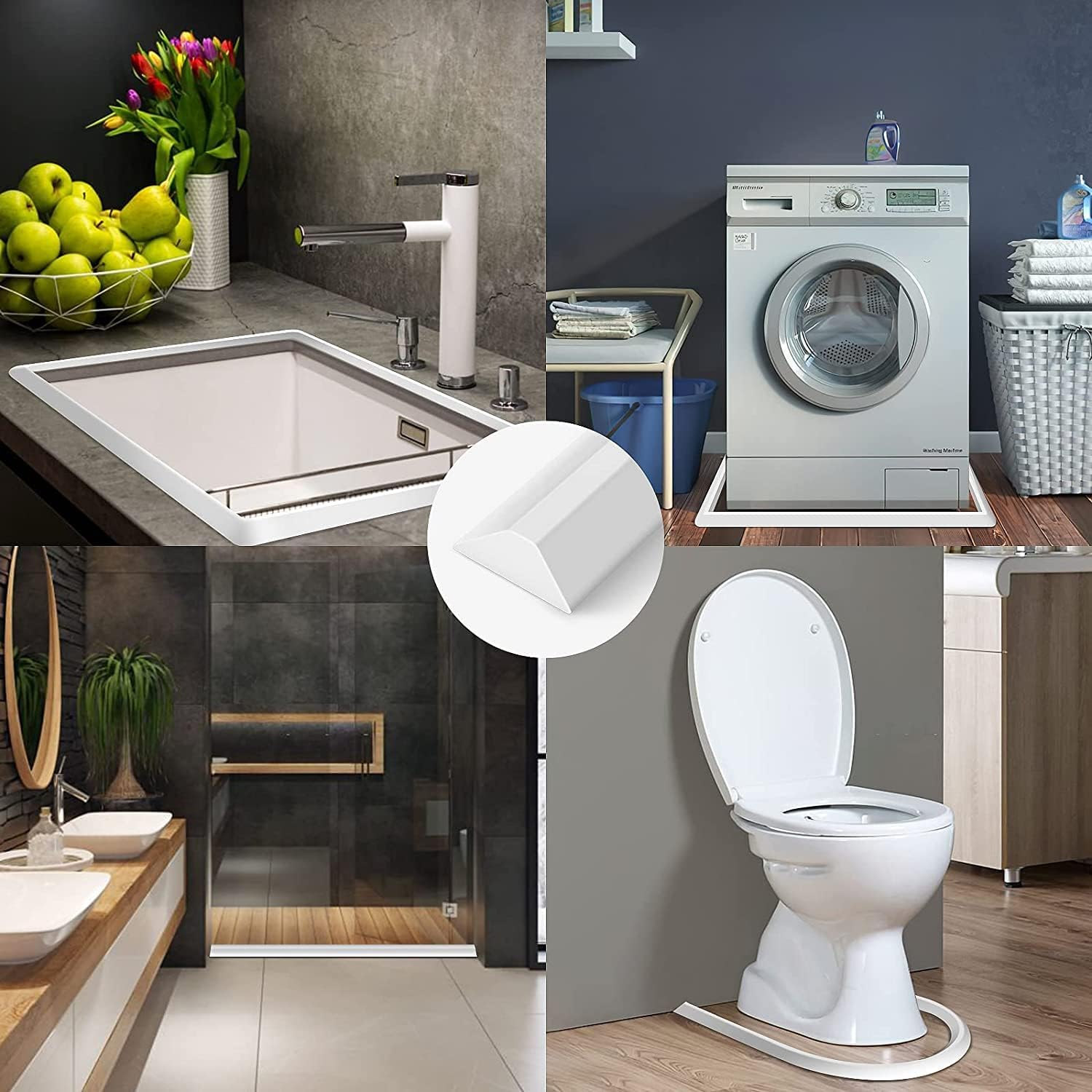 Self-Adhesive Splash Protection Strip Shower, Walk-In Shower Floor Water Barrier, Shower Water Stop for Wet and Dry Separation, Shower Threshold Water Damm for Bathroom and Kitchen (White, 100 Cm)