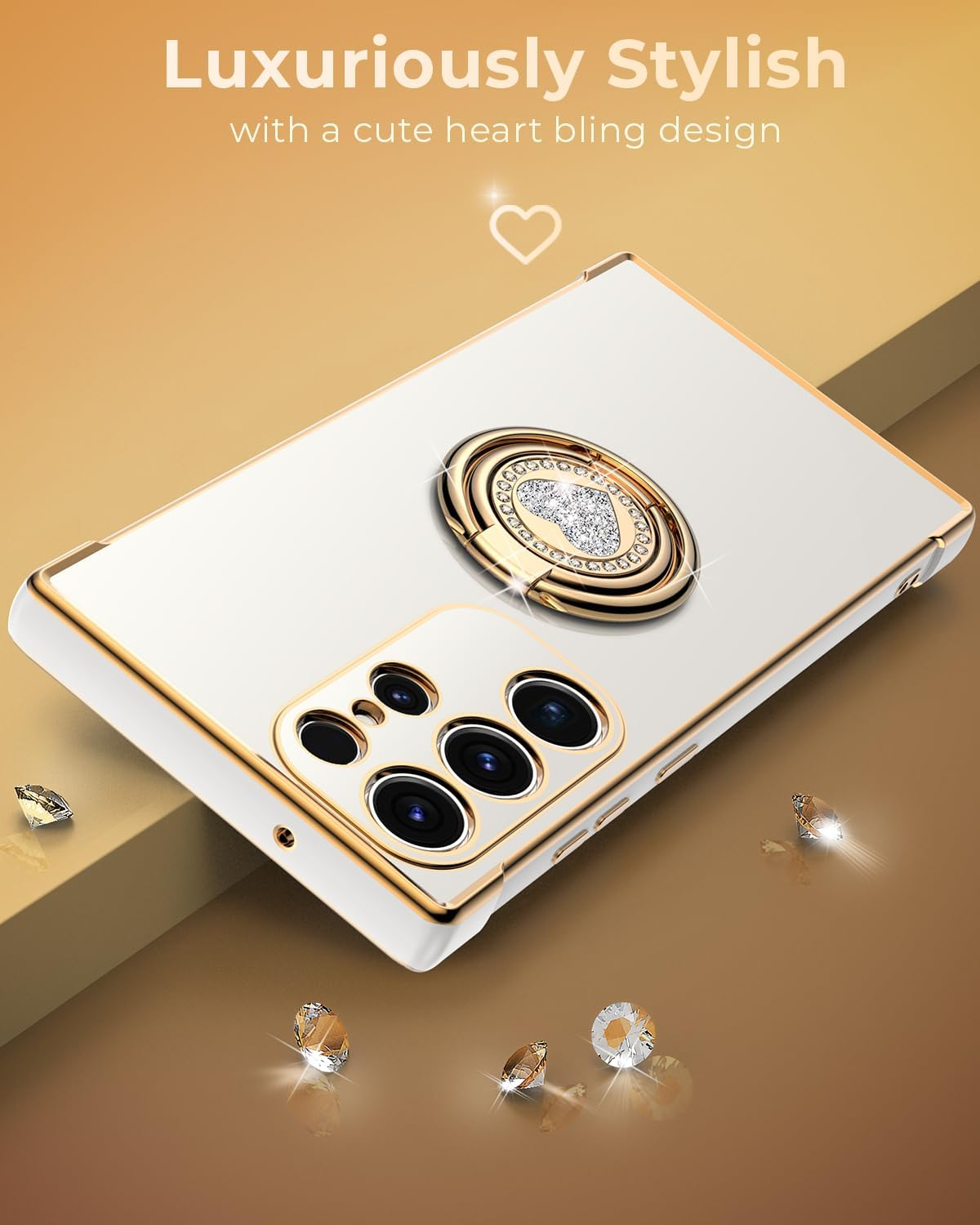 XYZ for Galaxy S25 Ultra Case with Stand, for Samsung Galaxy S25 Ultra Case with Double Ring Kickstand, Women Girls Cute Love-Heart Bling Luxury Protective Phone Case for Samsung S25 Ultra, White image number 7