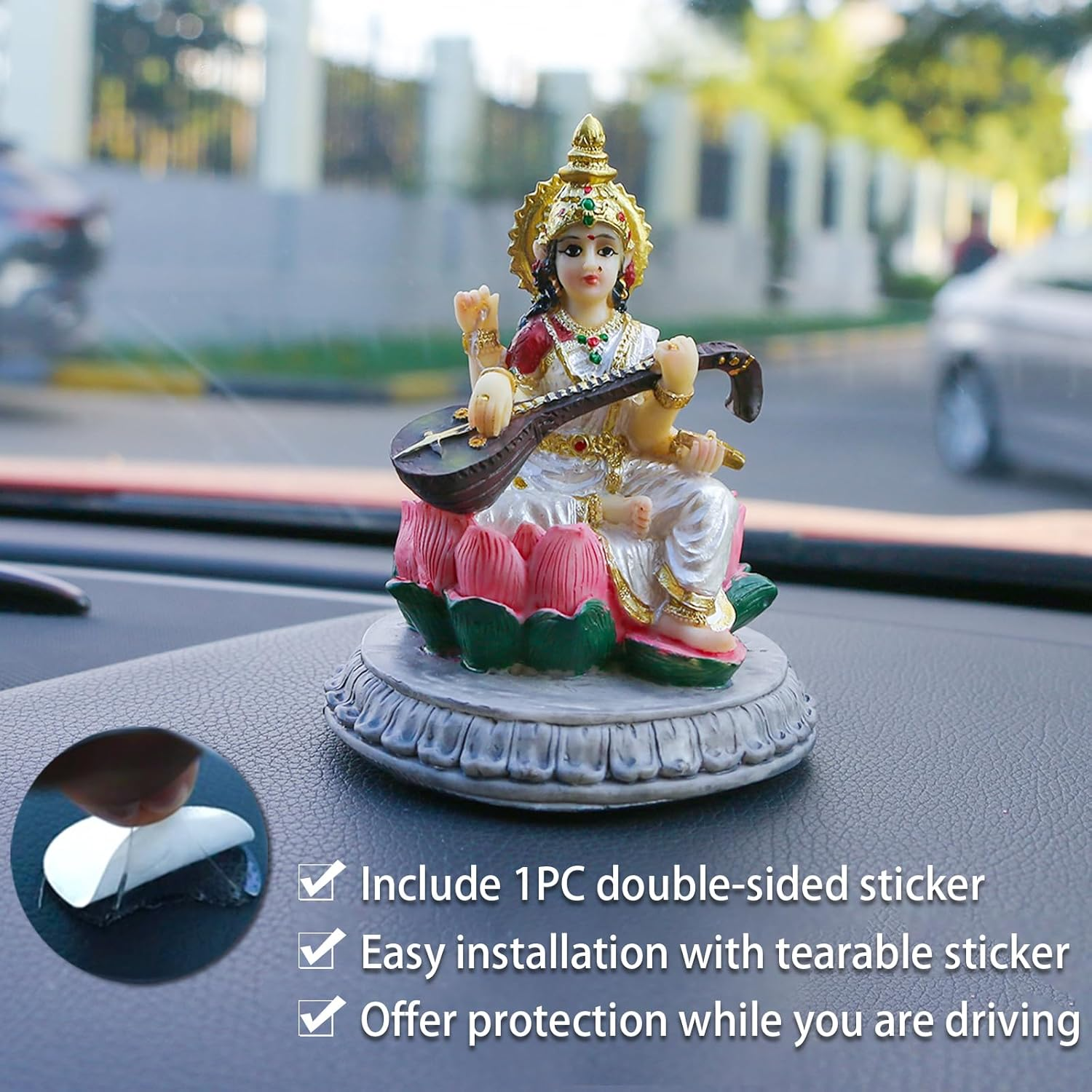 Alikiki Small India Idol Sarawati Statue - 3.9&rdquo;H Hindu Goddess Saraswati Figurine for Car Dashboard Decor Indian Home Office Temple Mandir Pooja Item Diwali Festival Puja Gift image number 3