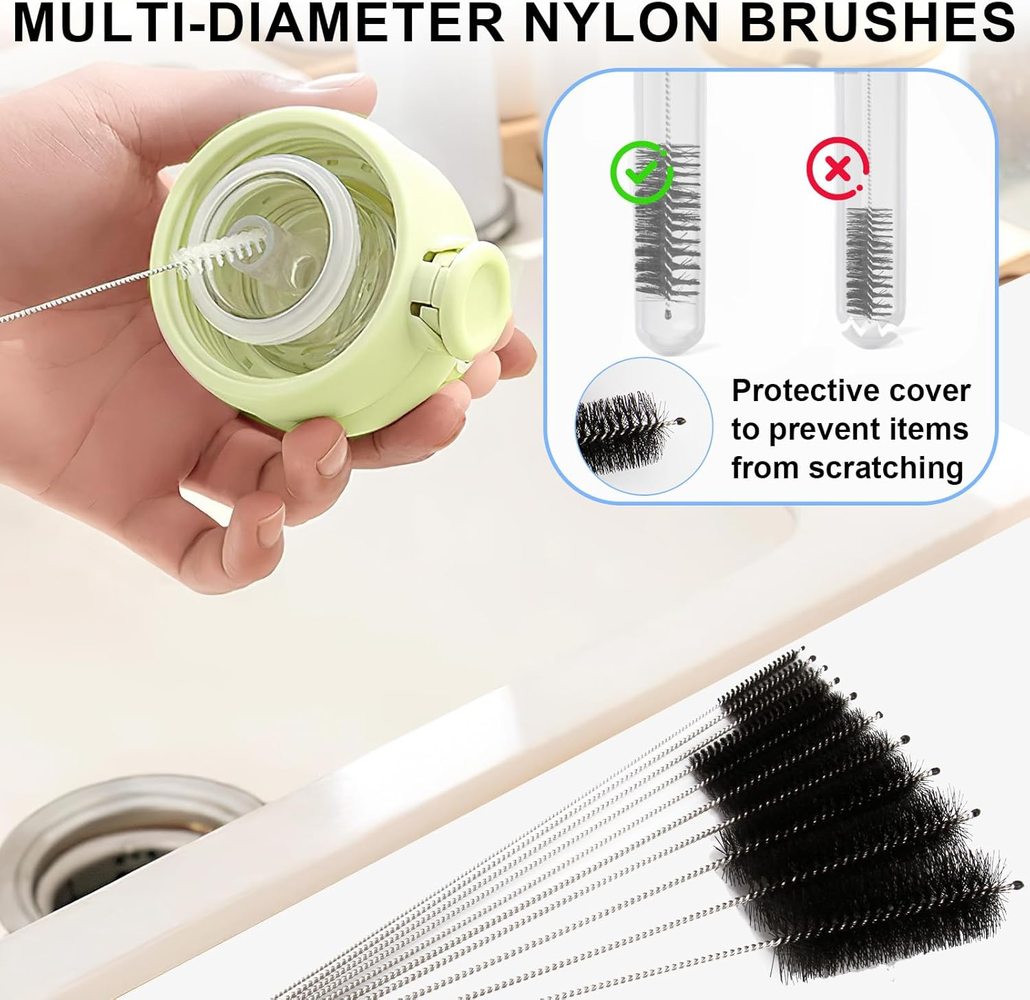 2 Pcs Small Pipe Cleaning Brushes - Black and White Premium Reusable Eco-Friendly Straw Cleaning Set, Ten Different Sizes of Brushes Suitable for Narrow Bottles, Glass Tubes and Hard-To-Reach Places image number 3