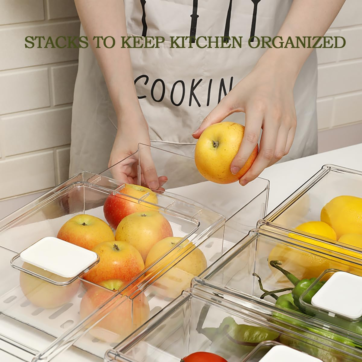 Anshine 2 Pack Clear Fridge Organizer,Pull Out Stackable Fridge Organiser with Lids、Draining Tray and Drawer, Storage Containers with Ventilation System for Kitchen Organization (2 Pack Large Size) image number 3