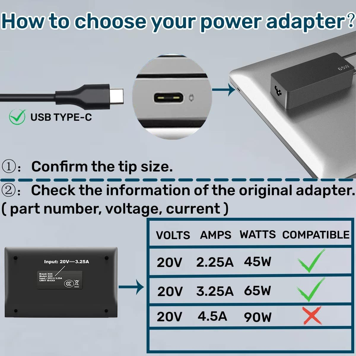 USB C 65W 45W Laptop Charger Adapter for Lenovo Thinkpad T480 T490 T495 T580 T590 L380 L390 L480 L580 E480 E580 E590 X280 X380;Yoga C740 C930 C940, E485 E585 E595;HP DELL ASUS Type C Power Adapter image number 3