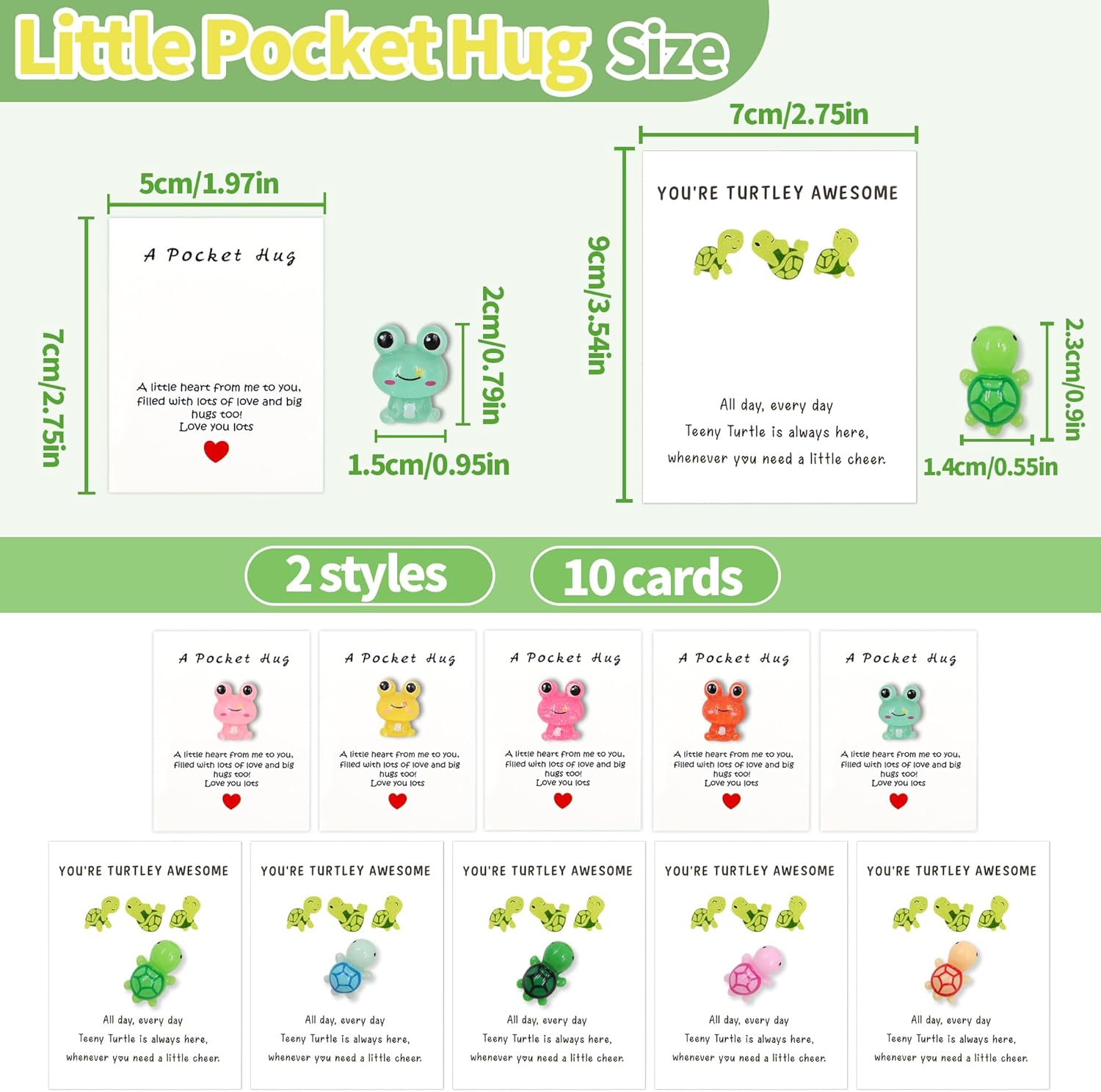 10 Colors Pocket Hugs Frog and Turtle, Mini Pocket Hug Bulk with Greeting Cards, You'Re Turtley Awesome Inspirational Gifts with Card, Frog Turtle Gifts for Friend, Family (10 Colors) image number 6