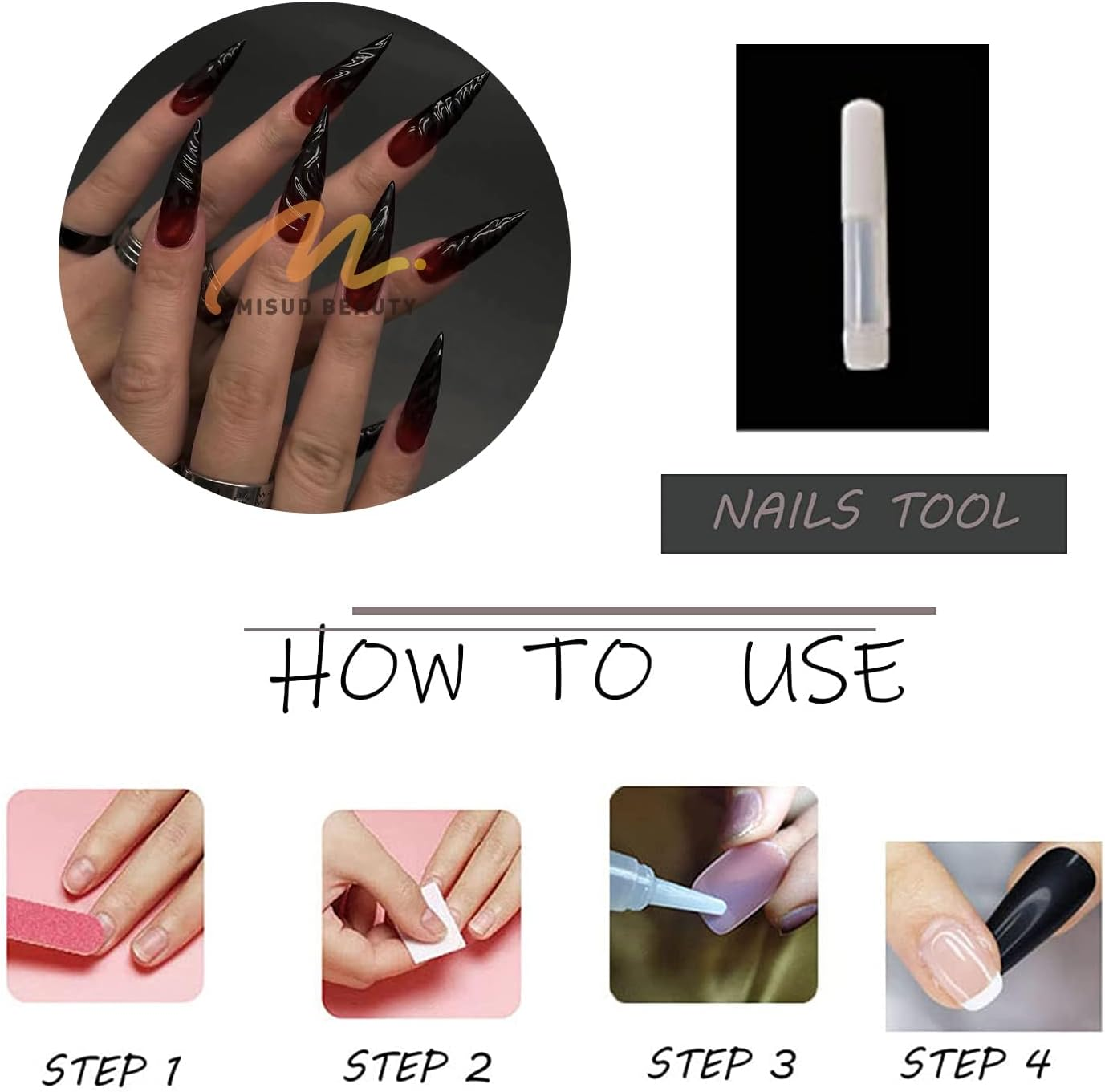 MISUD Stilettos Long Glossy Fake Nails Glue on Nails Gothic Almond Acrylic Fake Nails Gothic Red Black Gradient Fake Nails 3D Design Fake Nails 24PCS image number 2