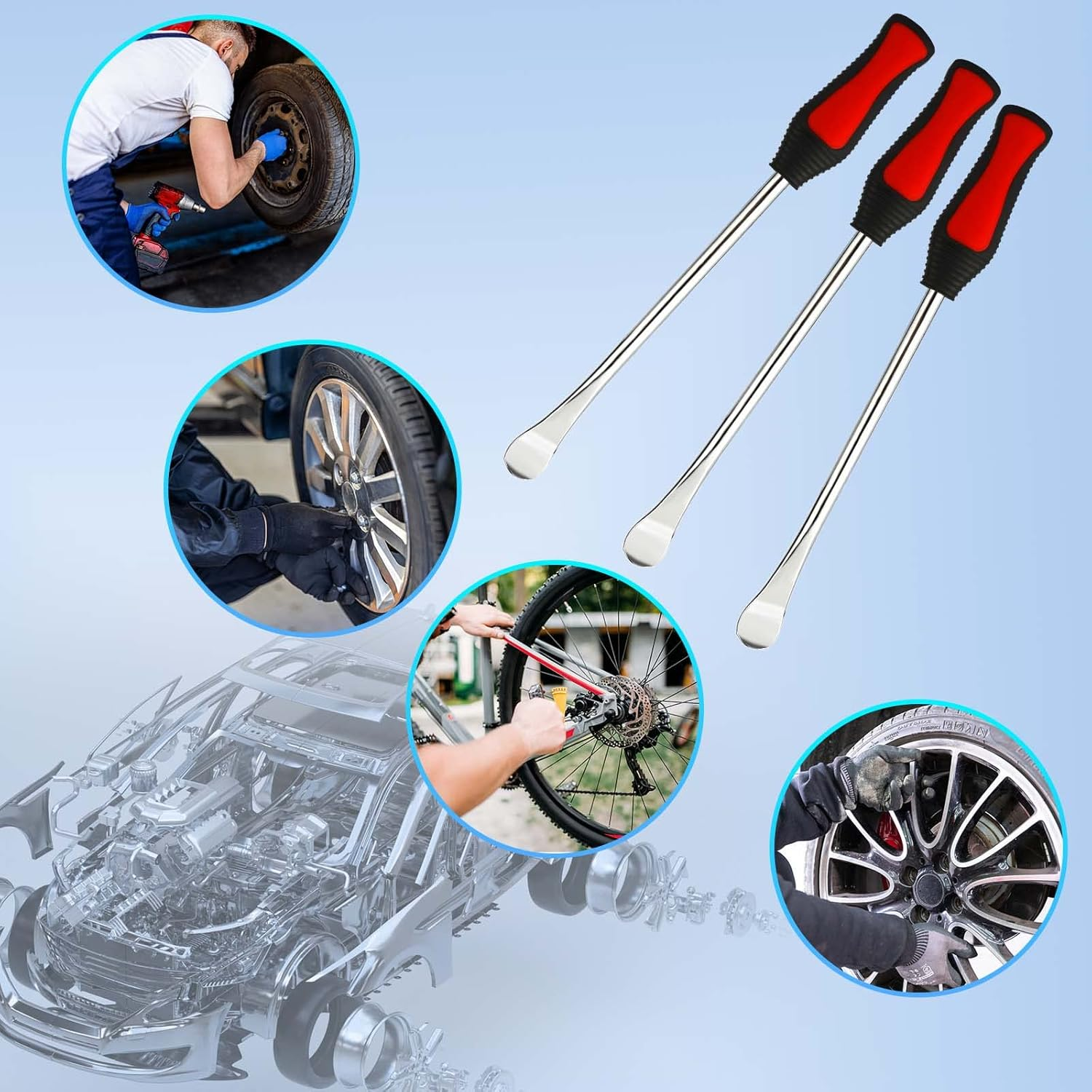 Royouzi Tyre Lever, Tyre Mounting Iron, 23 Suits, 3 X Tyre Lever Mounting Lever Tool, 3 X Wheel Rim Protectors, Tool Kit, 10 Tyre Valve Caps and Caps Tool Set for Motorcycle, Bicycle image number 6