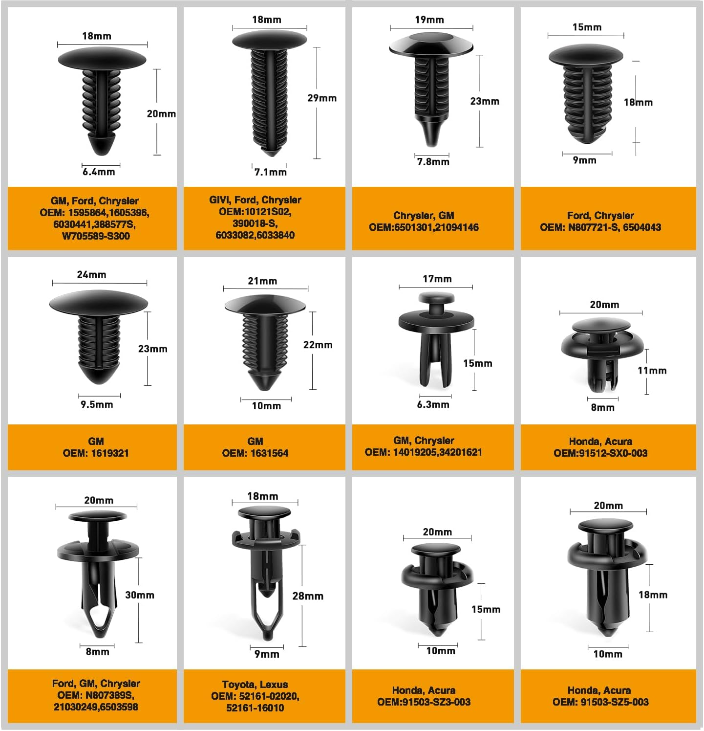 GOOACC - GRC-33 240PCS Bumper Retainer Clips Car Plastic Rivets Fasteners Push Retainer Kit Most Popular Sizes Auto Push Pin Rivets Set -Door Trim Panel Fender Clips for GM Ford Toyota Honda Chrysler