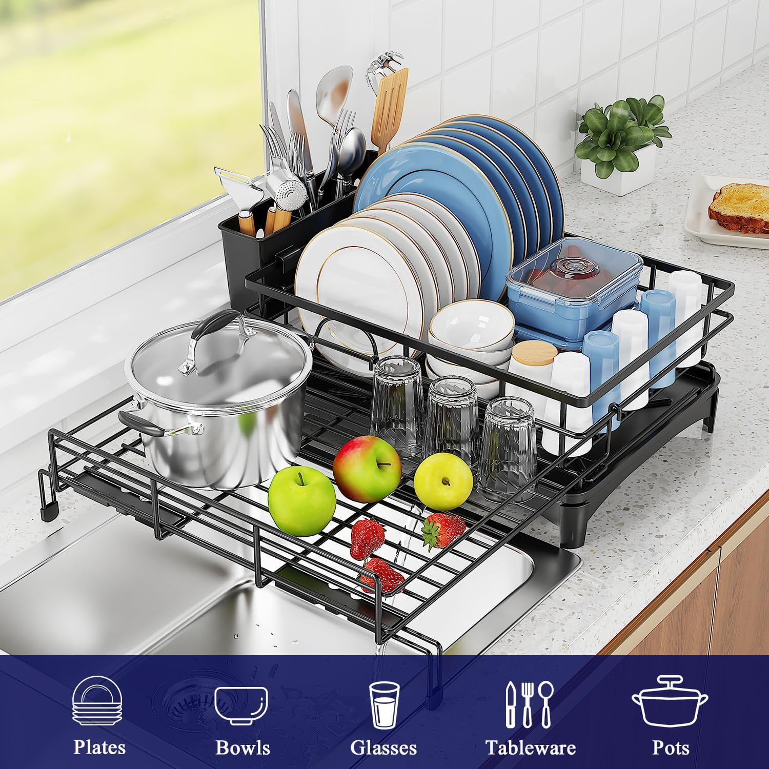 Koreal Dish Drying Rack, Extendable Dish Racks for Kitchen Counter, Stainless Steel Kitchen Drying Rack with Cutlery Holder, Movable Black Dish Drainer with Drainboard & Drainage Spout image number 6
