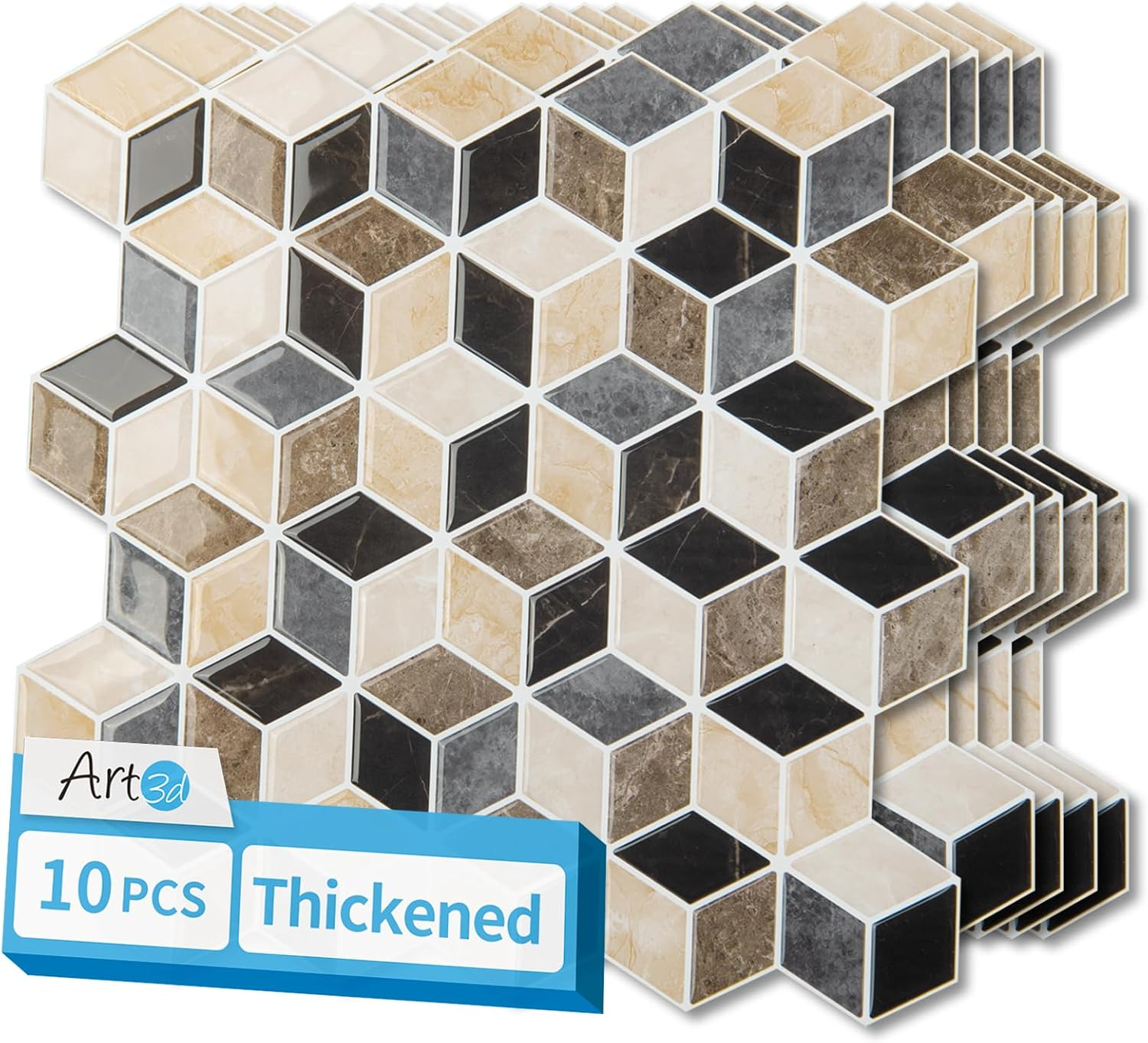 Art3D 10-Sheet Peel and Stick Backsplash Tiles, 30X30 CM Self-Adhesive 3D Wall Tiles for Kitchen, Bathroom, Countertop - Thickened Waterproof Design (Light Brown)