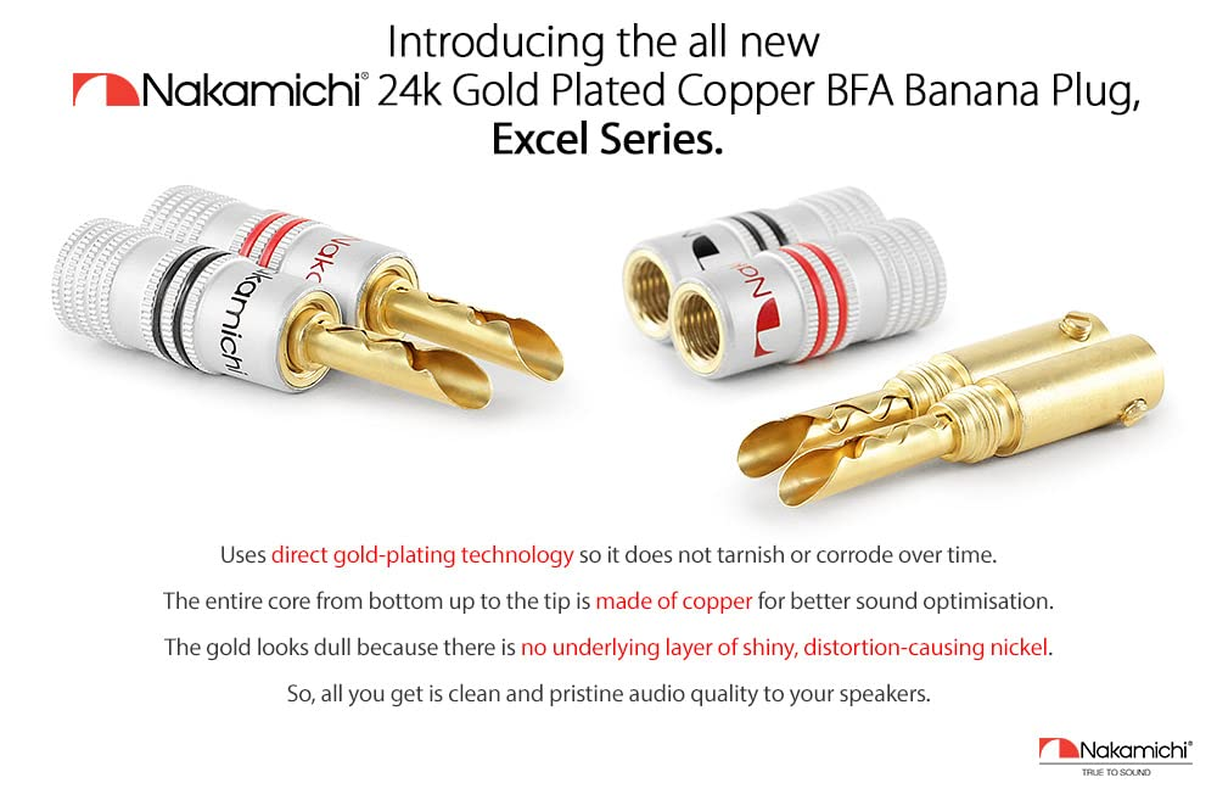 Nakamichi Excel Series 24K Gold Plated Banana Plug 12 AWG - 18 AWG Gauge Size 4Mm Speakers Amplifier Hi-Fi AV Stereo Home Theatre Audio Wire Cable Screw Connector (2 Pcs (1-Pair), BFA Plug) image number 2