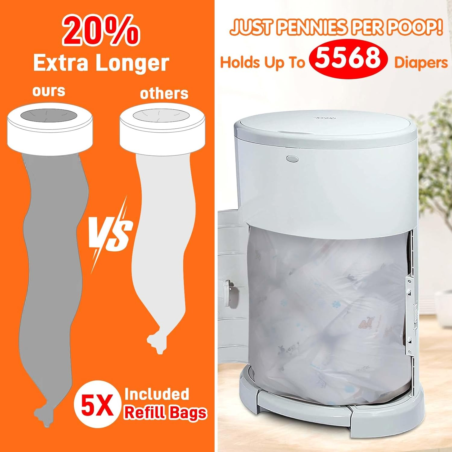 8 Pack Refills Compatible with DEKOR plus Diaper Pails | 20% Extra Length Diaper Pail Refill Bags Liners Holds 5568 Diapers | Ultimate Odor Control with Baby Scented image number 6