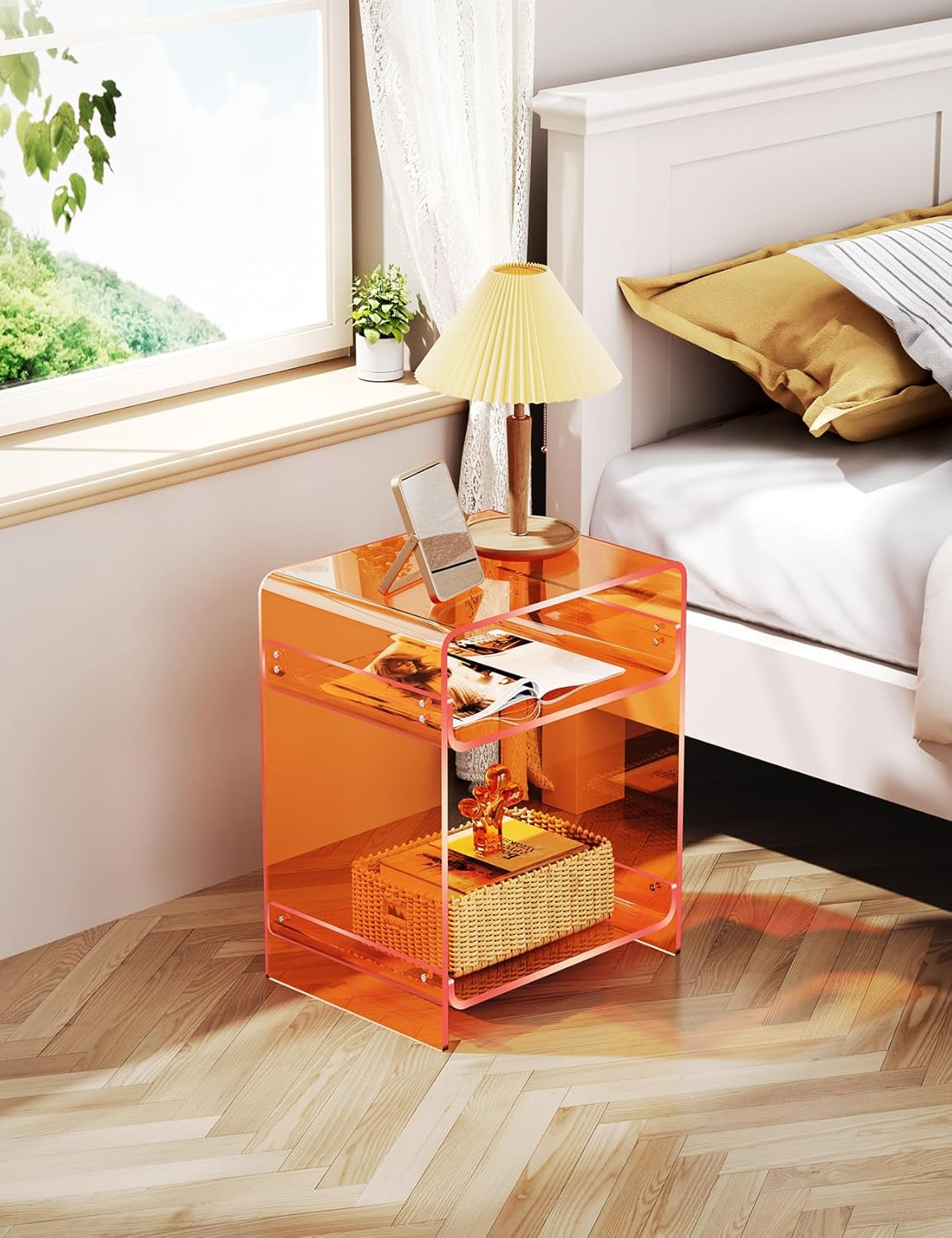 Acrylic Side Table Record Player Stand with Storage, Clear Nightstand Bedside Table End Table for Living Room, Bedroom (Orange) image number 6