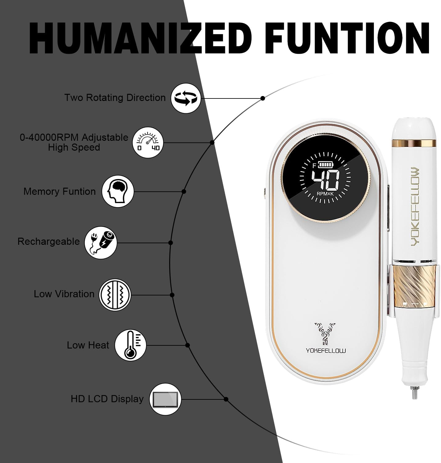 Yokefellow 40000 RPM Cordless Nail Drill, Rechargeable Portable Nail File for Acrylic Nails, 17 Drill Bits, Ideal for Beginners & Home Use,Uk image number 1