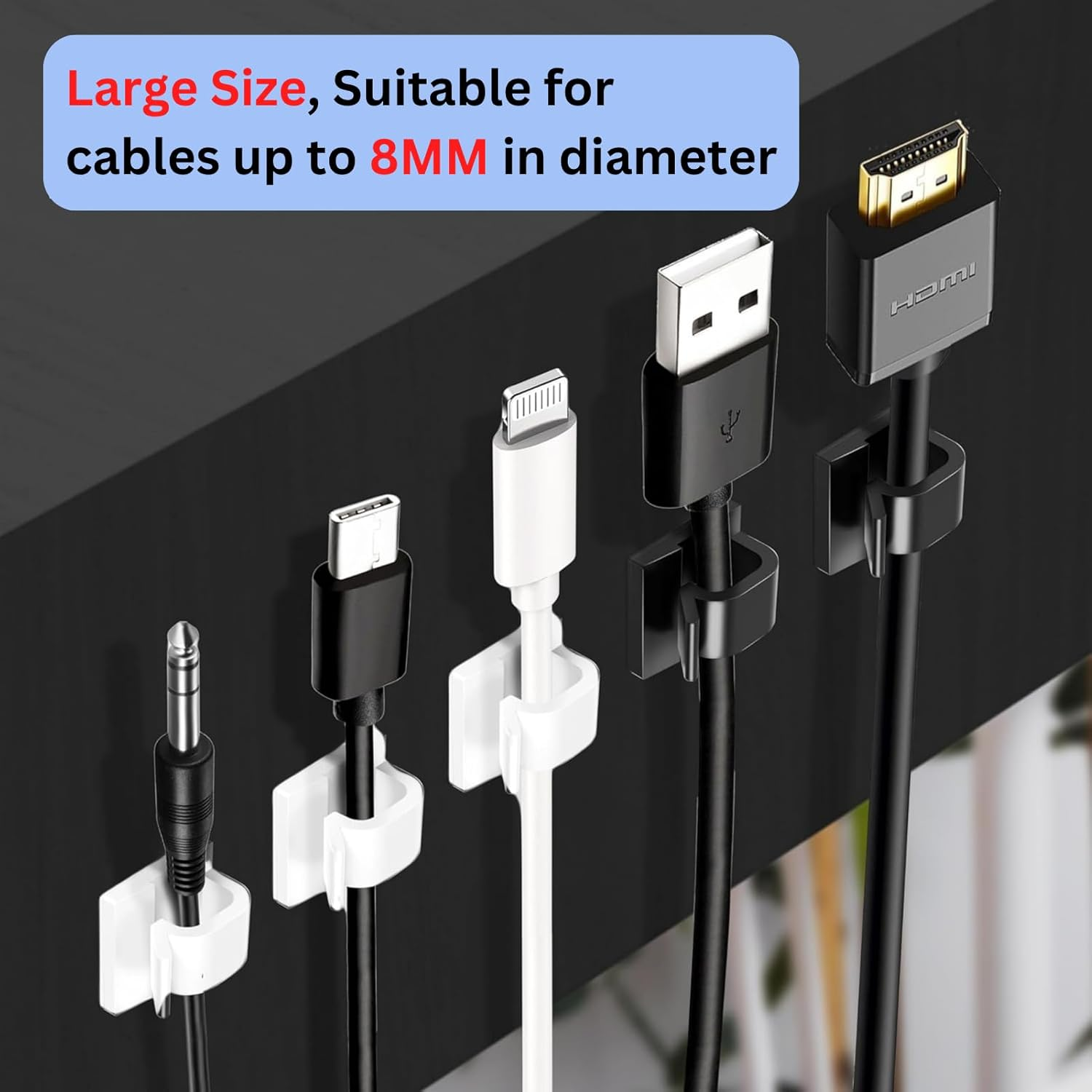 100PCS Adhesive Cable Clips (Large, White&Black), Upgraded Wall Wire Holder Cord Organizer for Cable Management under Desk, Hide Cable, Light Clips Hooks for LED, HDMI, Eetension Cord image number 5