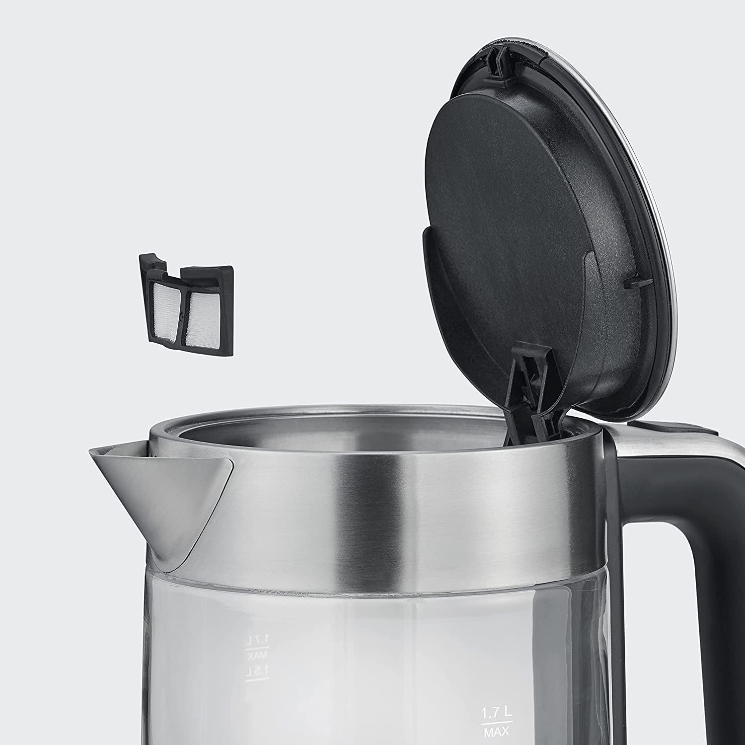 SEVERIN Glass Kettle with 1.7 L XXL Capacity, Powerful and Compact Kettle in High-Quality Design, Electric Kettle with Limescale Filter, 2200 Watt, Glass/Stainless Steel, WK 3420 image number 1