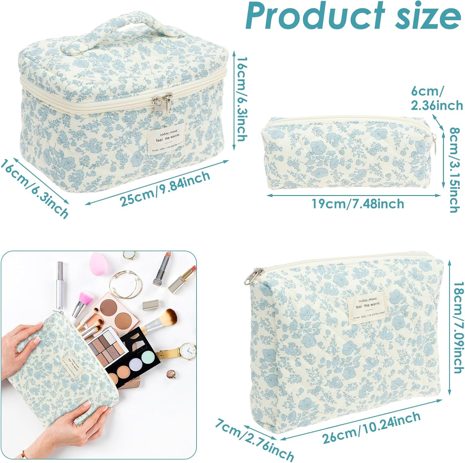 3 Pcs Makeup Bag Cotton Quilted Cosmetic Bag Cute Makeup Multifunctional Cosmetic Set for Women Girls Ladies(Wathet)