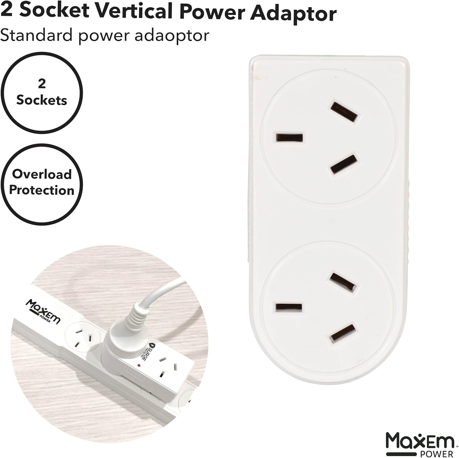 Maxem Power Left Hand Side 2 Socket Double Power Adapter image number 2